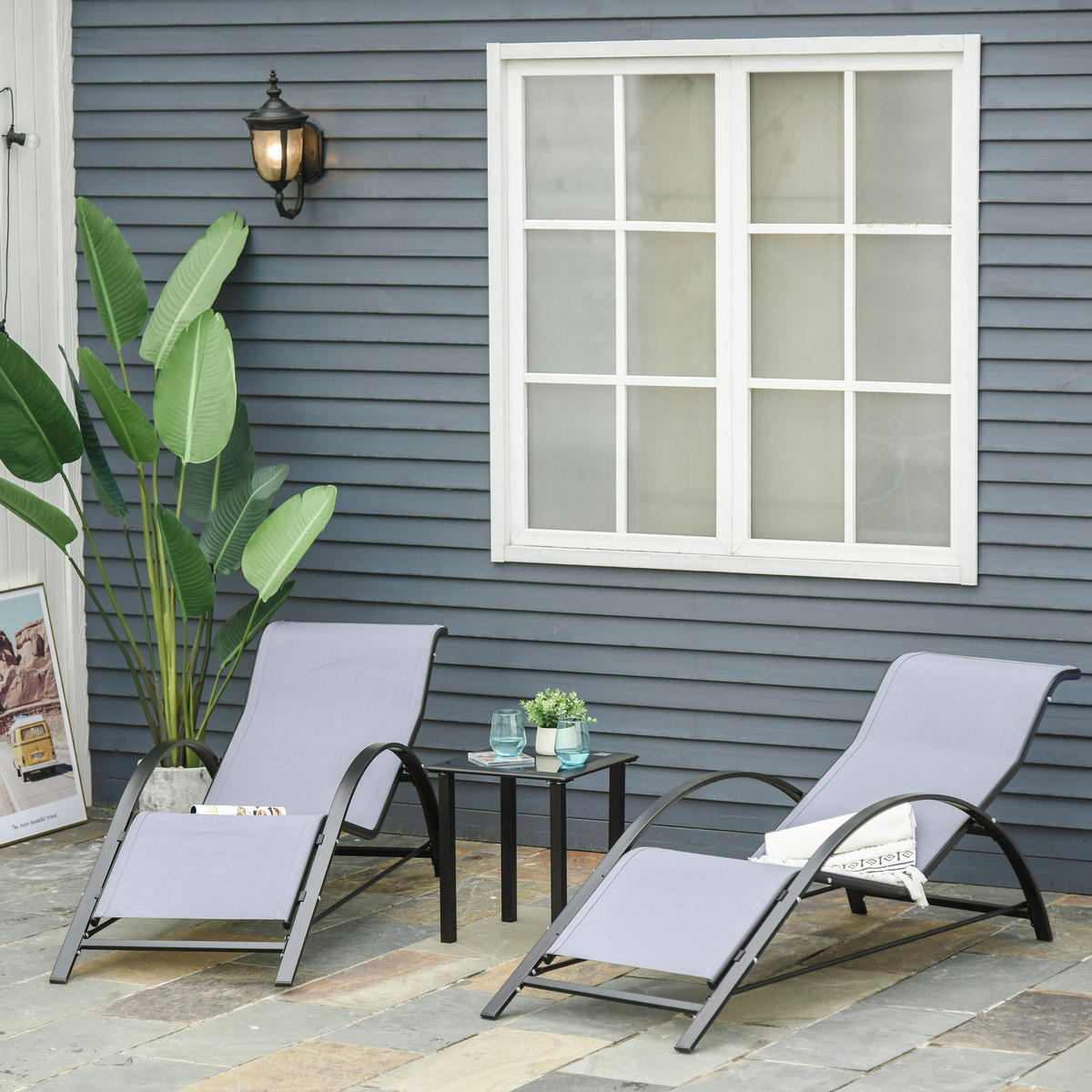 SONNENLIEGE Set 2 Garten-Sonnenliegen ,59 x 169 x 66 cm mit Glas-Couchtisch ,41 x 41 x 45 cm Grau - Hellgrau, Metall (169/66/59cm) - Vallsero