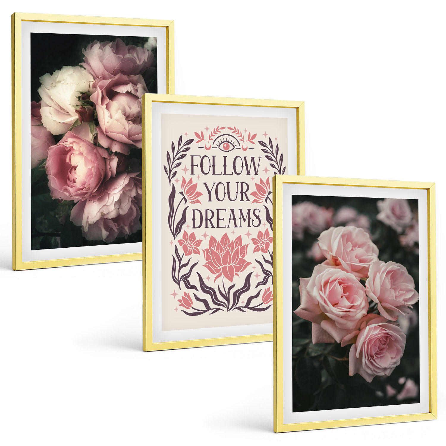 BILDER SET 3er Set - 40x60 cm Goldrahmen - Vintage-Rosenträume-Inschrift - Goldfarben, Kunststoff (40/60cm) - TULUP