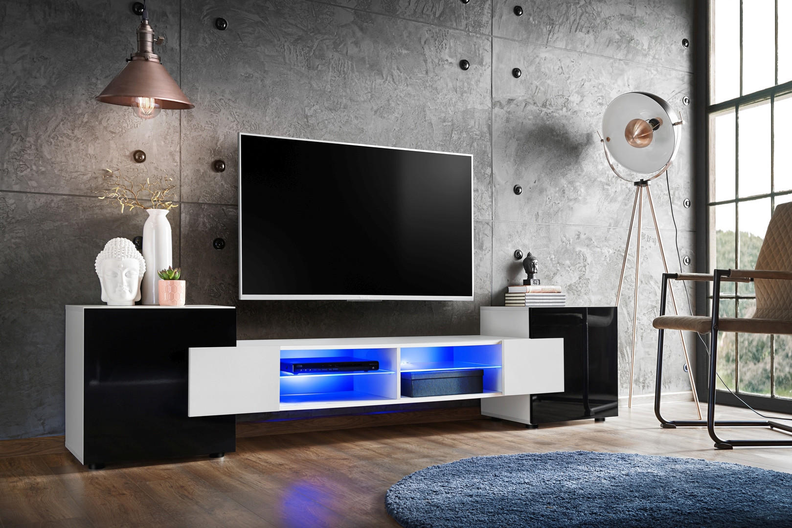 LOWBOARD MERANO Weiß, Blau LED Beleuchtung - Schwarz/Weiß, Glas/Holzwerkstoff (230/52.5/35cm) - Komodee