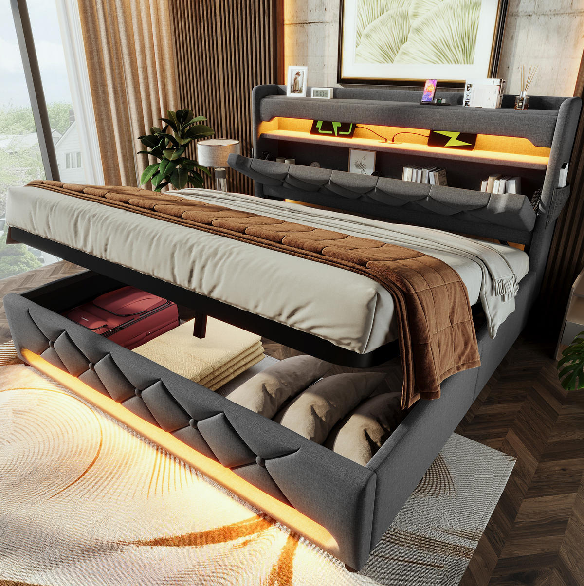 POLSTERBETT mit LED, USB und Stauraum 140x200 cm Leinen Grau - Grau, Metall (140/200cm) - Meubliv