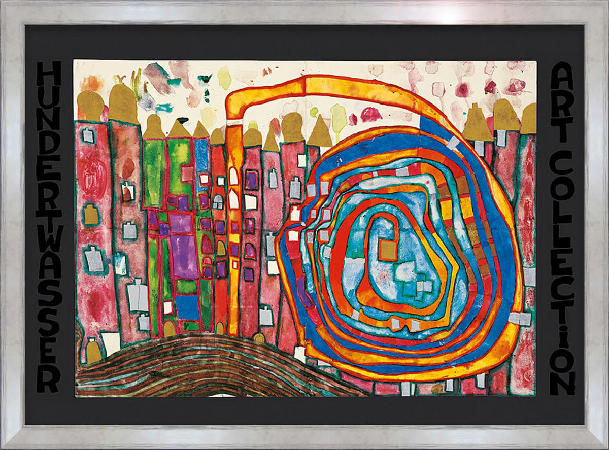 BILD gerahmt 72x53 cm Friedensreich Hundertwasser „Who has eaten all my windows“ - Gelb, Holz (72/53cm) - artissimo