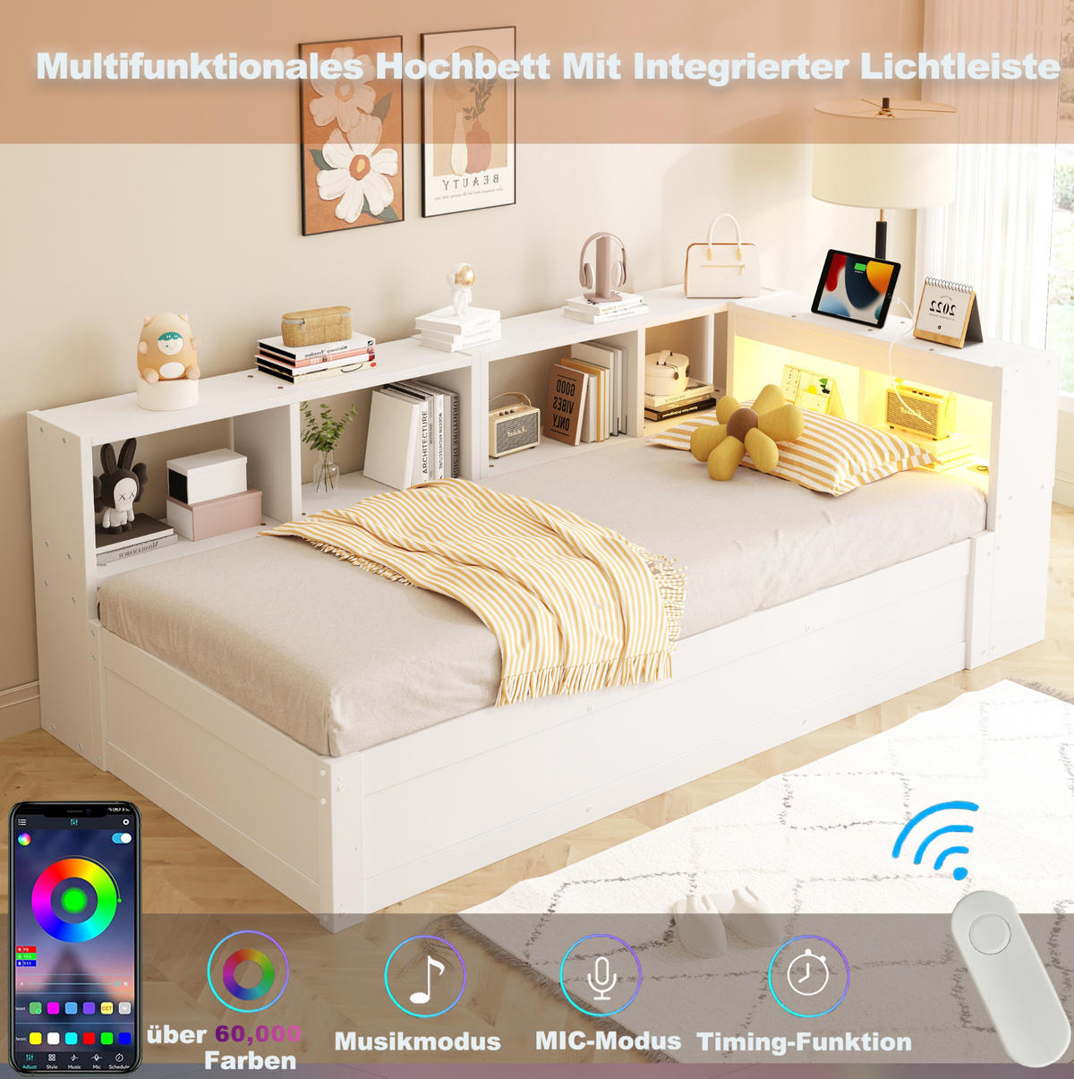 BETT 90/200 cm aus MDF mit LED, Steckdose, Weiß - Weiß, Holzwerkstoff (90/200cm) - OKMYHOME
