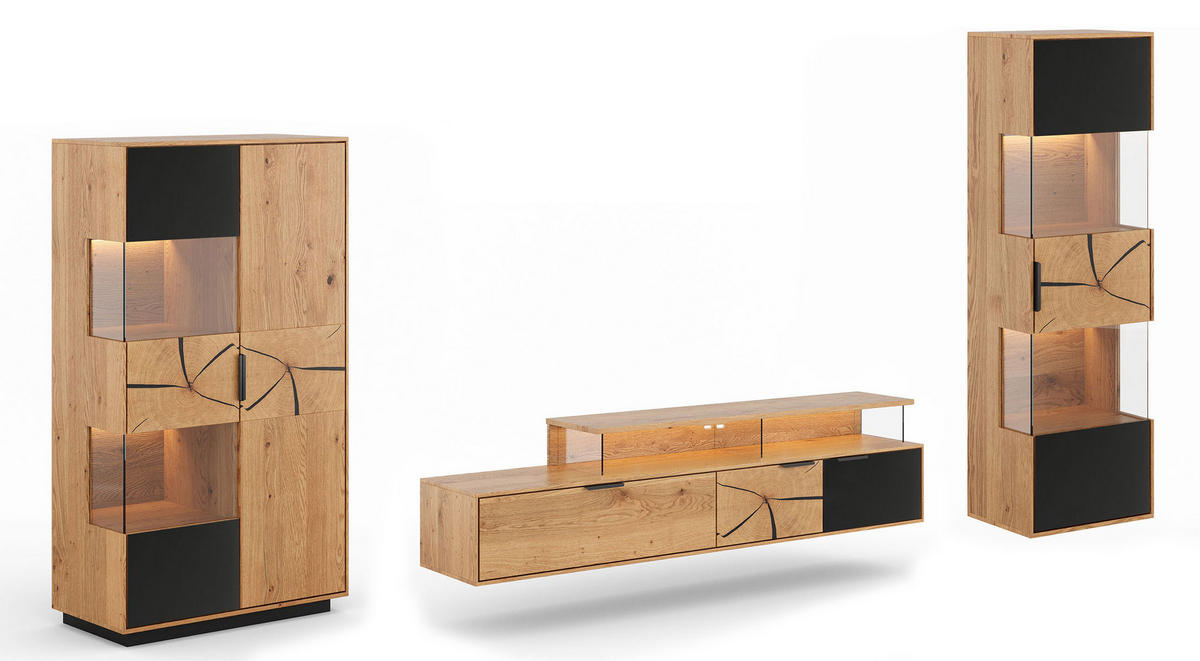 WOHNWAND Tirano 3er-Set Eiche Natur / Schwarz / Hirnholz - Eichefarben/Multicolor, Holz/Metall (326/147/39cm) - Feldmann-Wohnen
