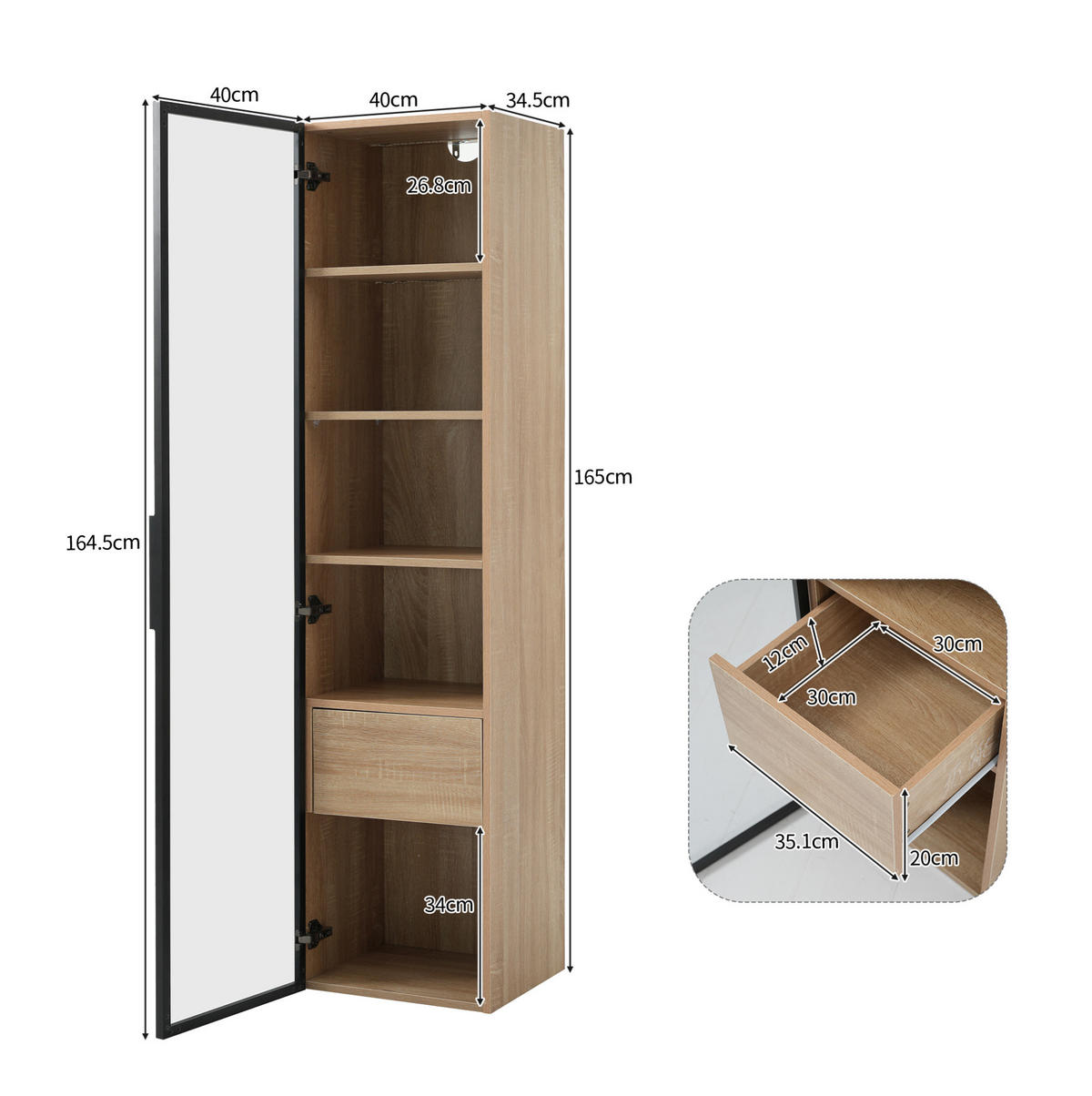 HOCHSCHRANK 40x34.5x165 cm Naturfarben mit gehärtetem Glas & offenen Fächern - Naturfarben, Holzwerkstoff (40/165/34.5cm) - Modfu
