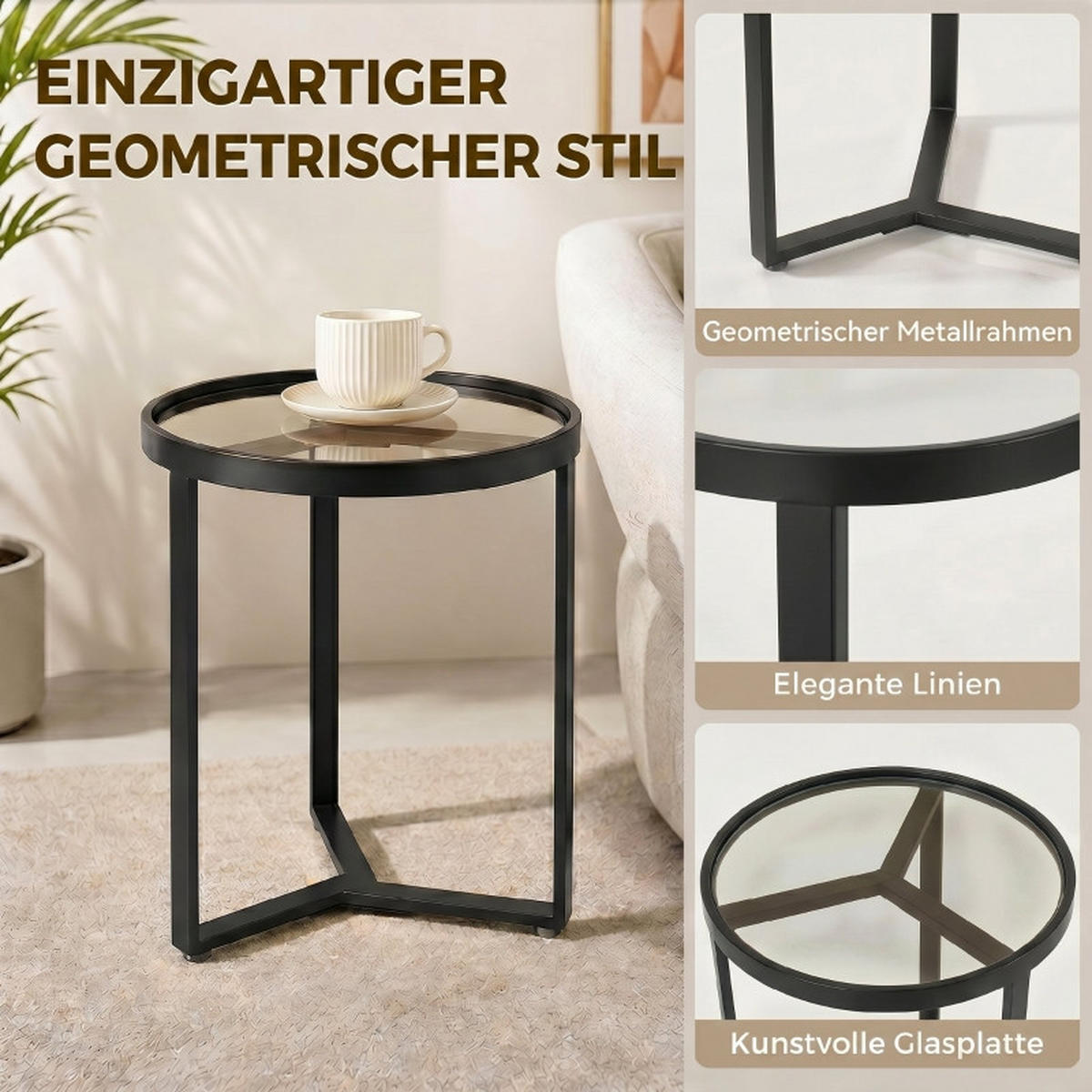 BEISTELLTISCH DE-37208 rund mit Glasplatte Schwarz - Schwarz, Metall (45/45/50cm) - ComfortXL
