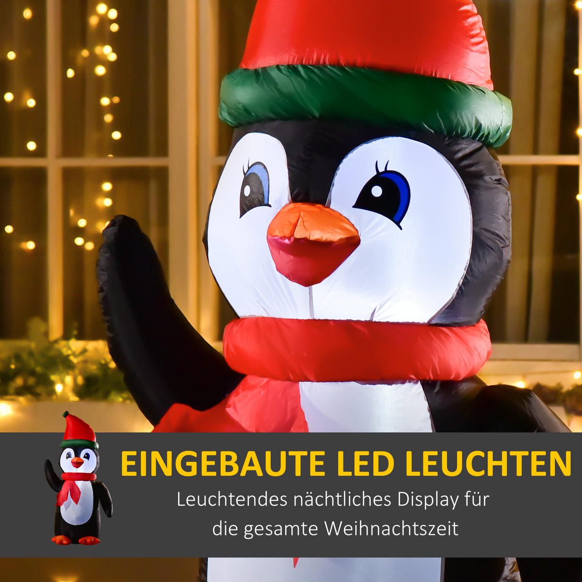 AUFBLASBARER Weihnachts-Pinguin, Polyester, Weiß+Schwarz+Rot+Grün - Multicolor, Kunststoff (67/155/79cm) - HOMCOM