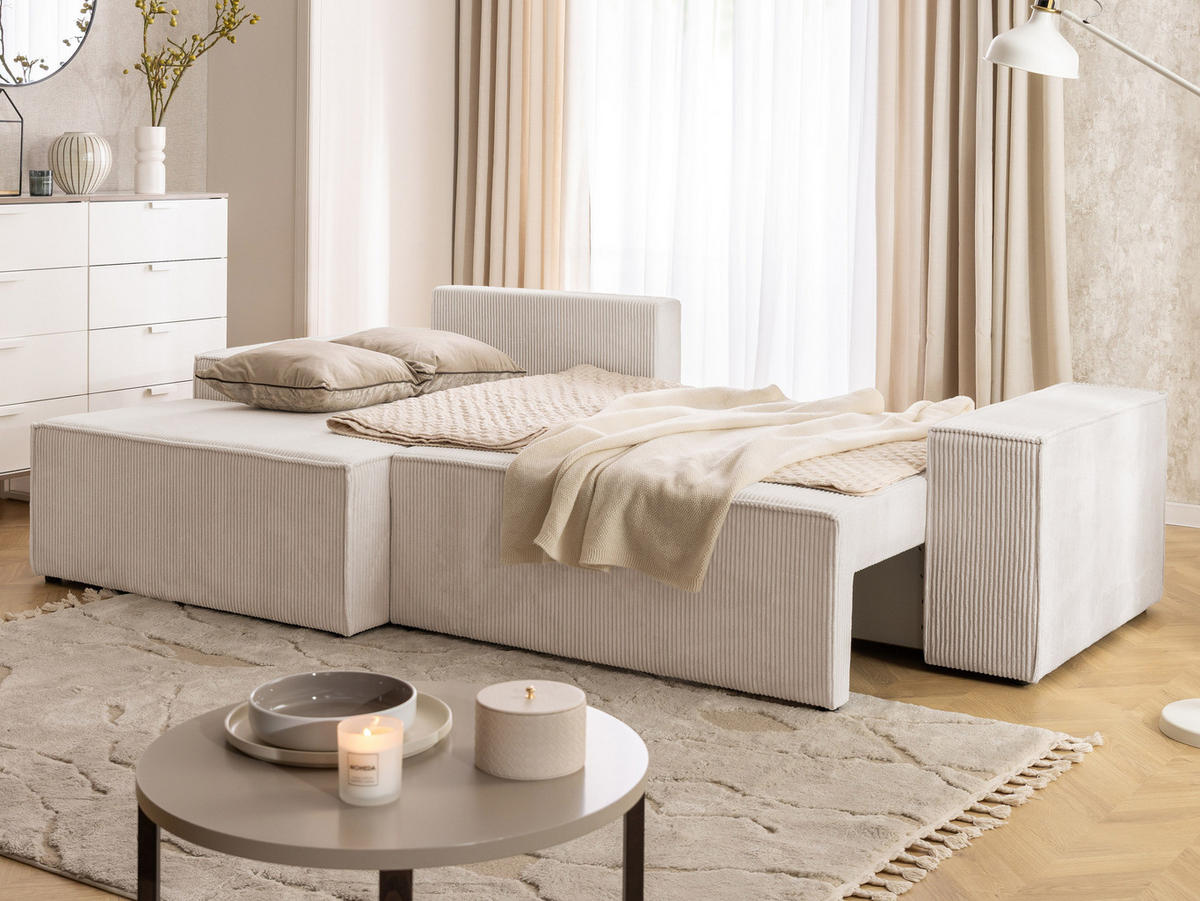 ECKSOFA Rivio mit Schlaffunktion und Bettkasten, Cordstoff Beige - Beige/Schwarz, Holz/Kunststoff (149/262cm) - S-Style
