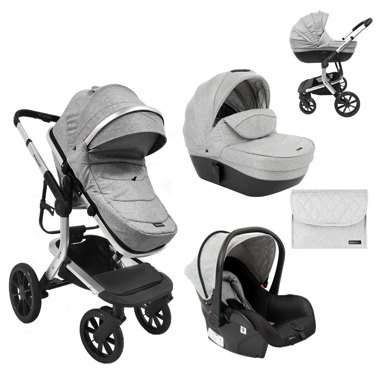 KOMBIKINDERWAGEN Irene 3 in 1 grau hellgrau Babywanne Autositz Adapter Wickeltasche - Grau, Metall (60/62/103cm) - Kikka boo