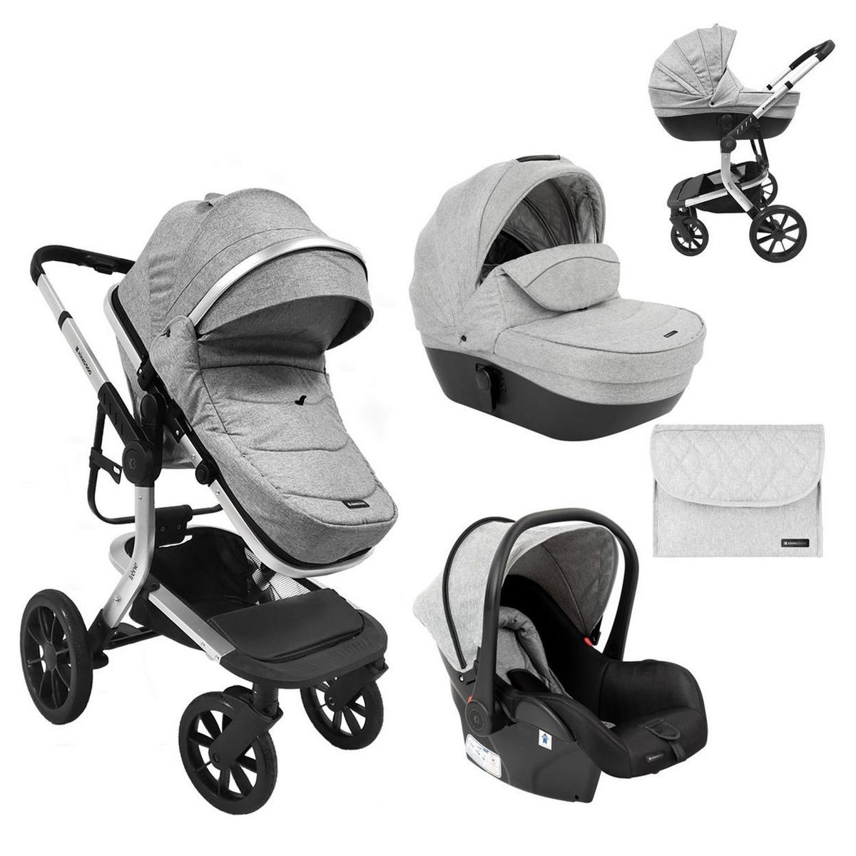 KOMBIKINDERWAGEN Irene 3 in 1 grau hellgrau Babywanne Autositz Adapter Wickeltasche - Grau, Metall (60/62/103cm) - Kikka boo