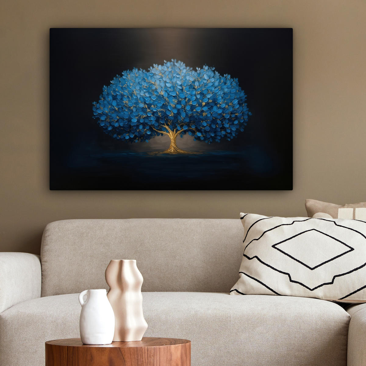 LEINWANDBILD Baum - Blau - Blätter - Pinselstriche Wanddeko 90x60 cm - Blau, Textil (90/60cm) - MuchoWow