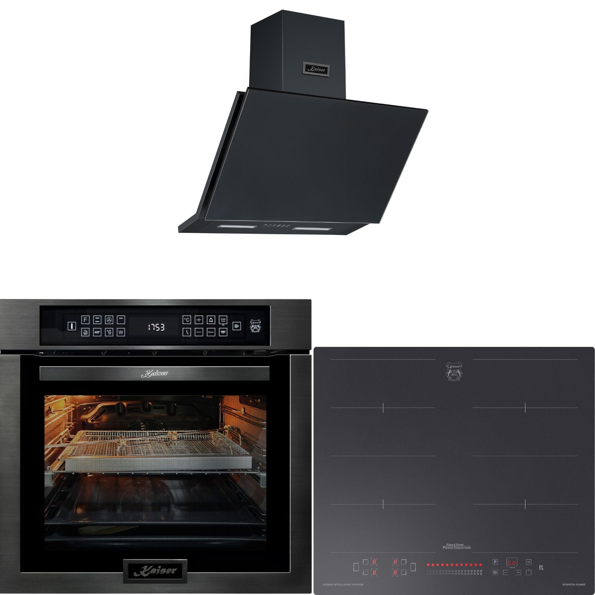EINBAUBACKOFEN 60 cm EH 6306 N RS+Induktions-Kochfeld 60 cm KCT 6110 FI+Dunstabzugshaube 60cm AT 6455 s - Schwarz, Metall (59.4/59.4/57.5cm) - Kaiser Küchengeräte