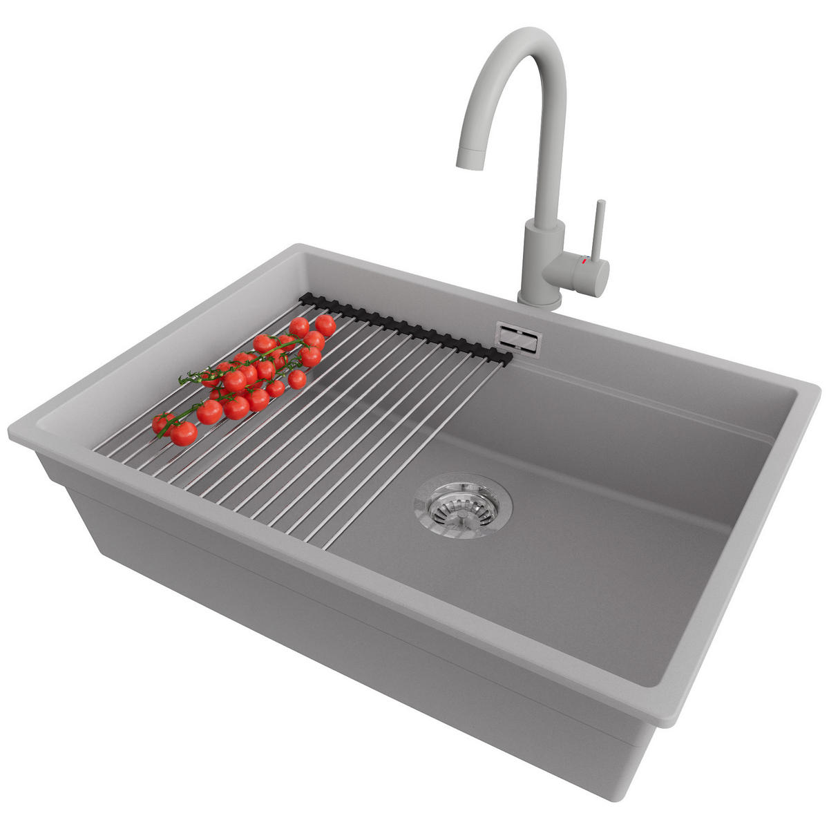 UNTERBAUSPÜLE GRANIT Praga, 2-er set Grau 66/47 cm 1 Becken + Küchenarmatur 32/20 cm + Ablauf-Set + Aufrollbare Abtropffläche ab 70er Unterschrank - Chromfarben/Grau, Kunststoff (66/20/47cm) - Primagran