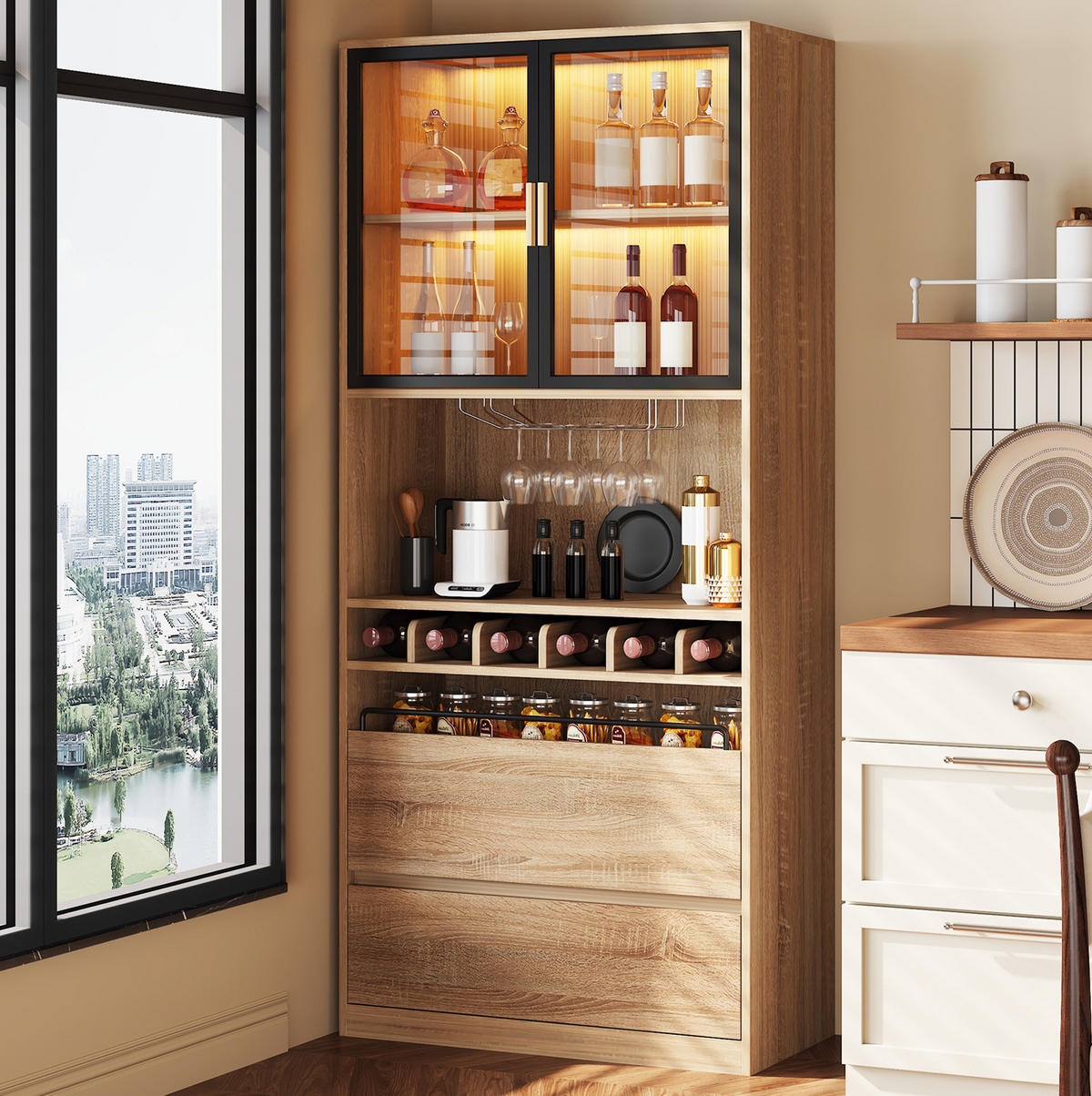 VITRINE 180 cm aus MDF mit Glastüren und LED-Beleuchtung Natur - Naturfarben, Holzwerkstoff (80/180/40cm) - Modenvie