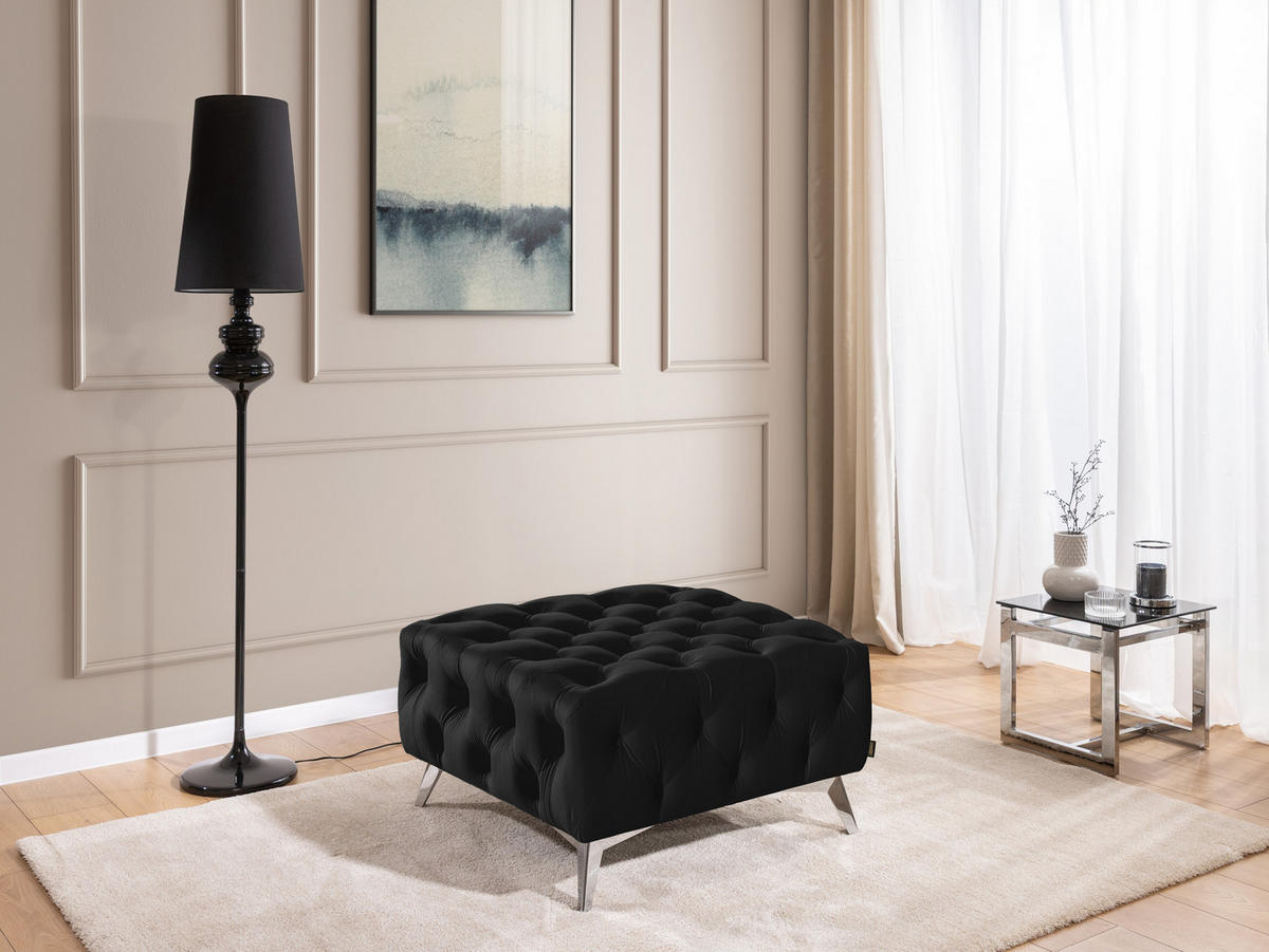 HOCKER Chesterfield Whitby Schwarz Samt mit silbernen Füßen - Silberfarben/Schwarz, Holz/Textil (80/45/80cm) - S-Style Möbel