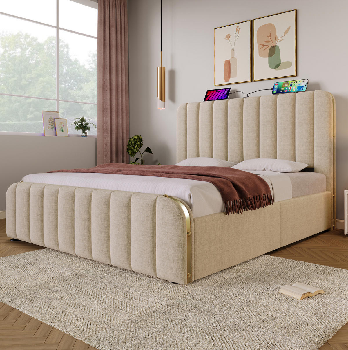 POLSTERBETT 160/200 cm Beige aus Leinen mit Stauraum - Beige, Textil (160/200cm) - OKMYHOME