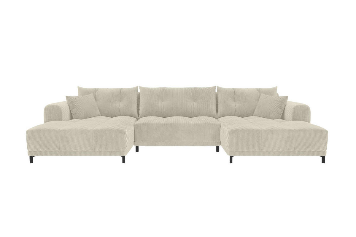 WOHNLANDSCHAFT Massimo Cordstoff Greige inkl. Schlaffunktion - Greige/Schwarz, Textil/Metall (356/94/181cm) - 99rooms