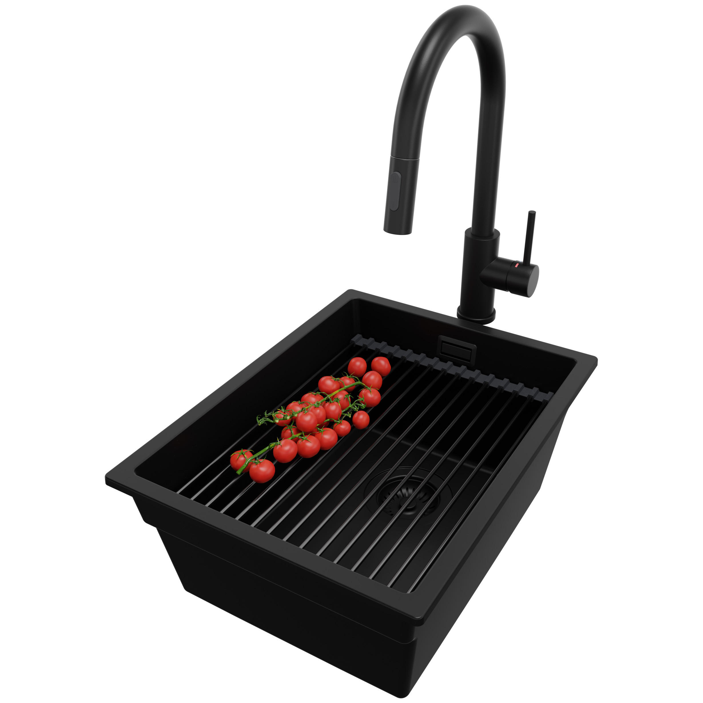 UNTERBAUSPÜLE GRANIT Praga, 2-er set Schwarz 36/47 cm 1 Becken + Küchenarmatur 40/20 cm + Ablauf-Set + Aufrollbare Abtropffläche ab 40er Unterschrank - Schwarz, Kunststoff (36/20/47cm) - Primagran