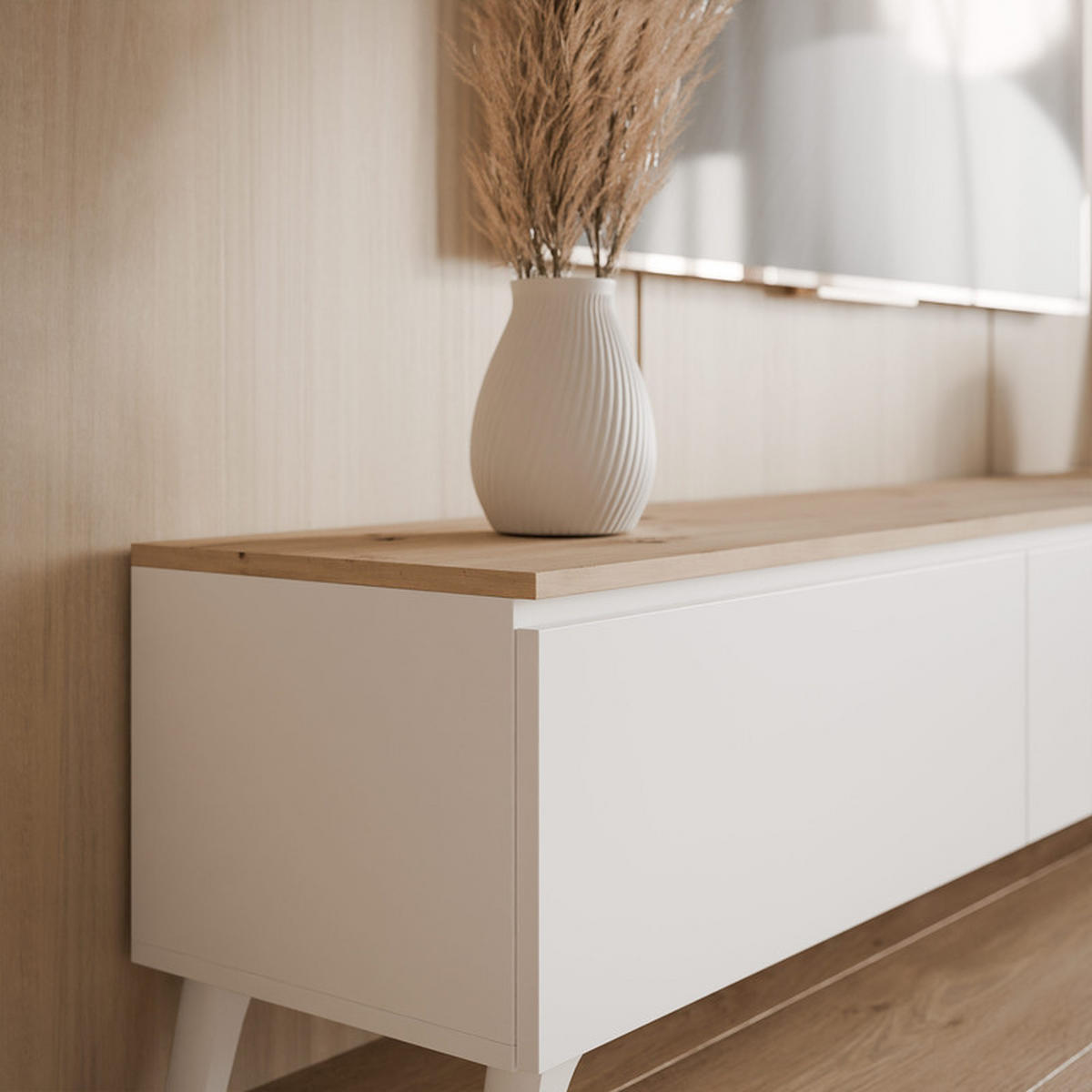 TV-LOWBOARD SELIA mit LED-Beleuchtung, 200 cm Weiß / Handgefertigte Eiche - Weiß, Holzwerkstoff/Kunststoff (200/40.5/35cm) - Idohome