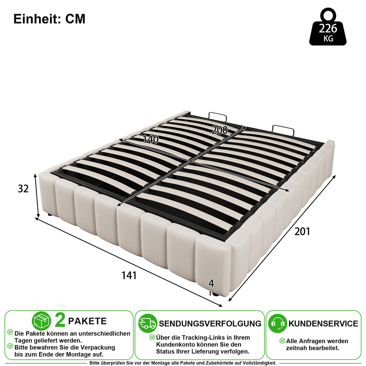 ČALOUNĚNÁ POSTEL 140/200 cm v béžové barvě s úložným prostorem ze lnu - béžová, kov/kompozitní dřevo (140/200cm) - CHICFURN