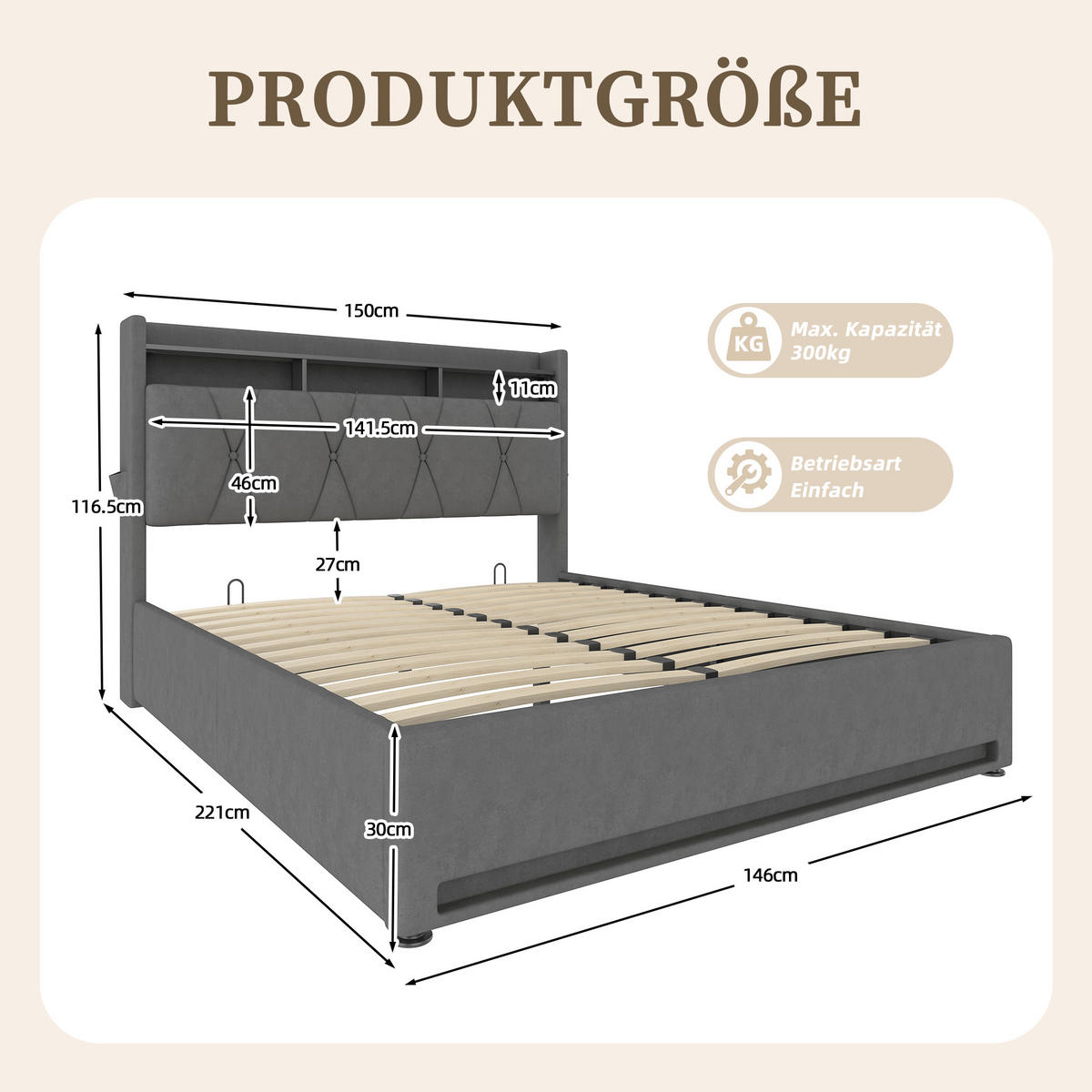 POLSTERBETT 140x200 cm LED USB Stauraum grau - Dunkelgrau, Textil (140/200cm) - LEBENLANG
