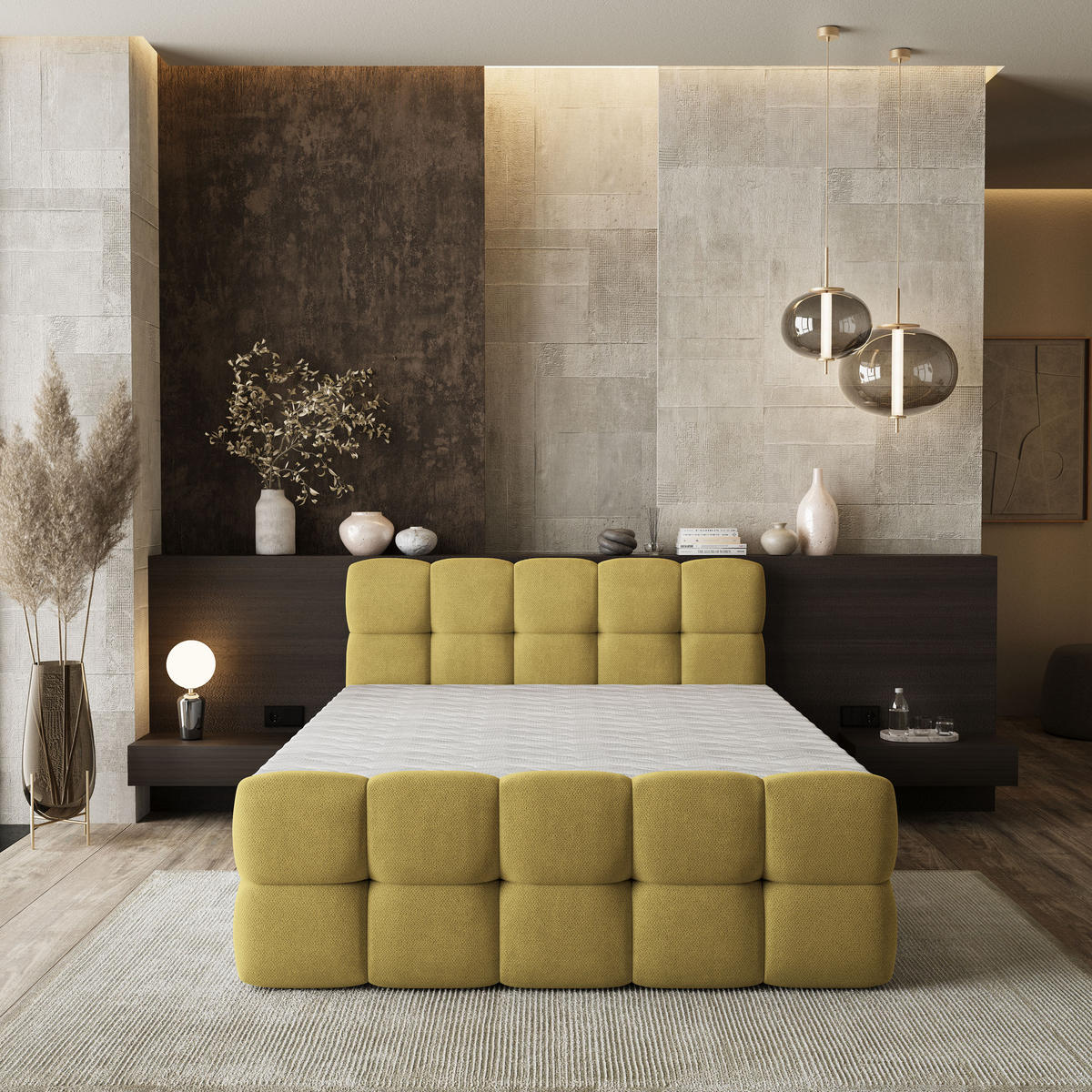 BOXBETT BRUME 180x200 cm mit Matratze und Topper, H2+H3 - Gelb - Gelb, Holz (180/200cm) - MASSENO