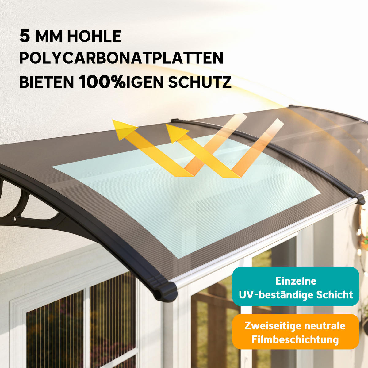 PULTVORDACH Vordach für Haustür 75x195x23 cm 5mm Polycarbonat Alu Braun - Braun, Kunststoff (195/23/75cm) - Outsunny