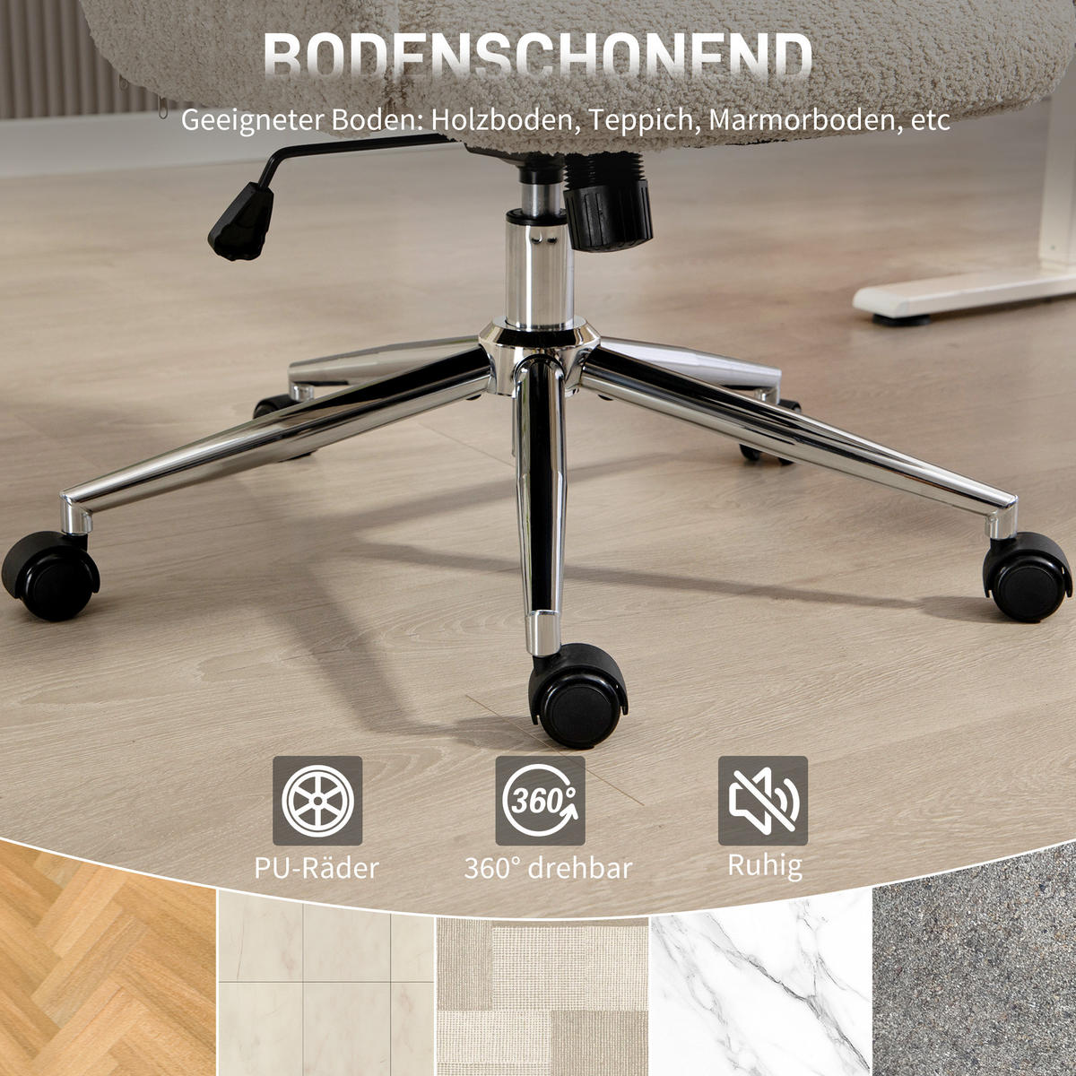 SCHREIBTISCHSTUHL Höhenverstellbar Homeoffice Stuhl mit Armlehne, Grauweiß - Silberfarben/Hellgrau, Textil/Metall (65/123/75cm) - HOMCOM