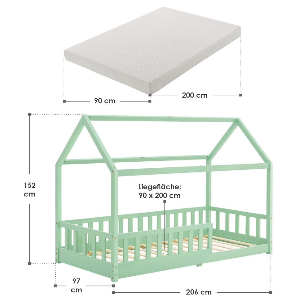 KINDERBETT Marli mit Matratze mint 90x200 cm - Mintgrün, Holz (90/200cm) - Juskys