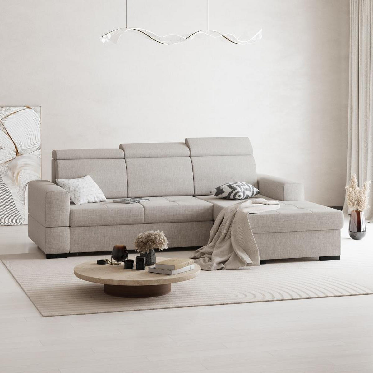 ECKSCHLAFSOFA Alex Mini beige rechts - Beige/Schwarz, Textil (245/185cm) - Beautysofa