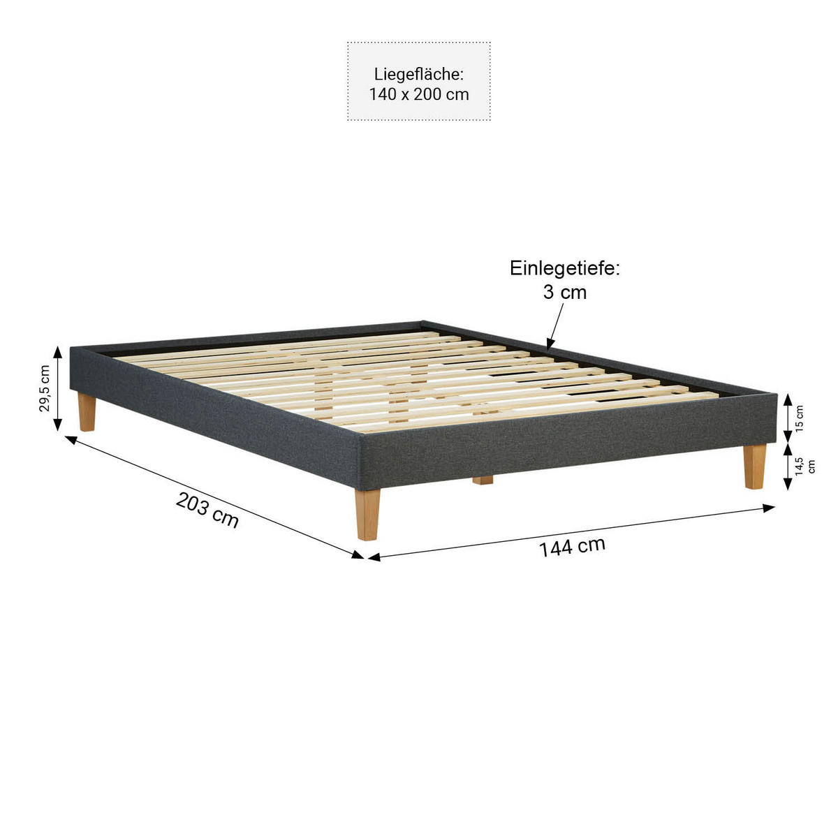 POLSTERBETT mit Lattenrost 140/200 cm in Grau - Grau, Textil (140/200cm) - Homestyle4u