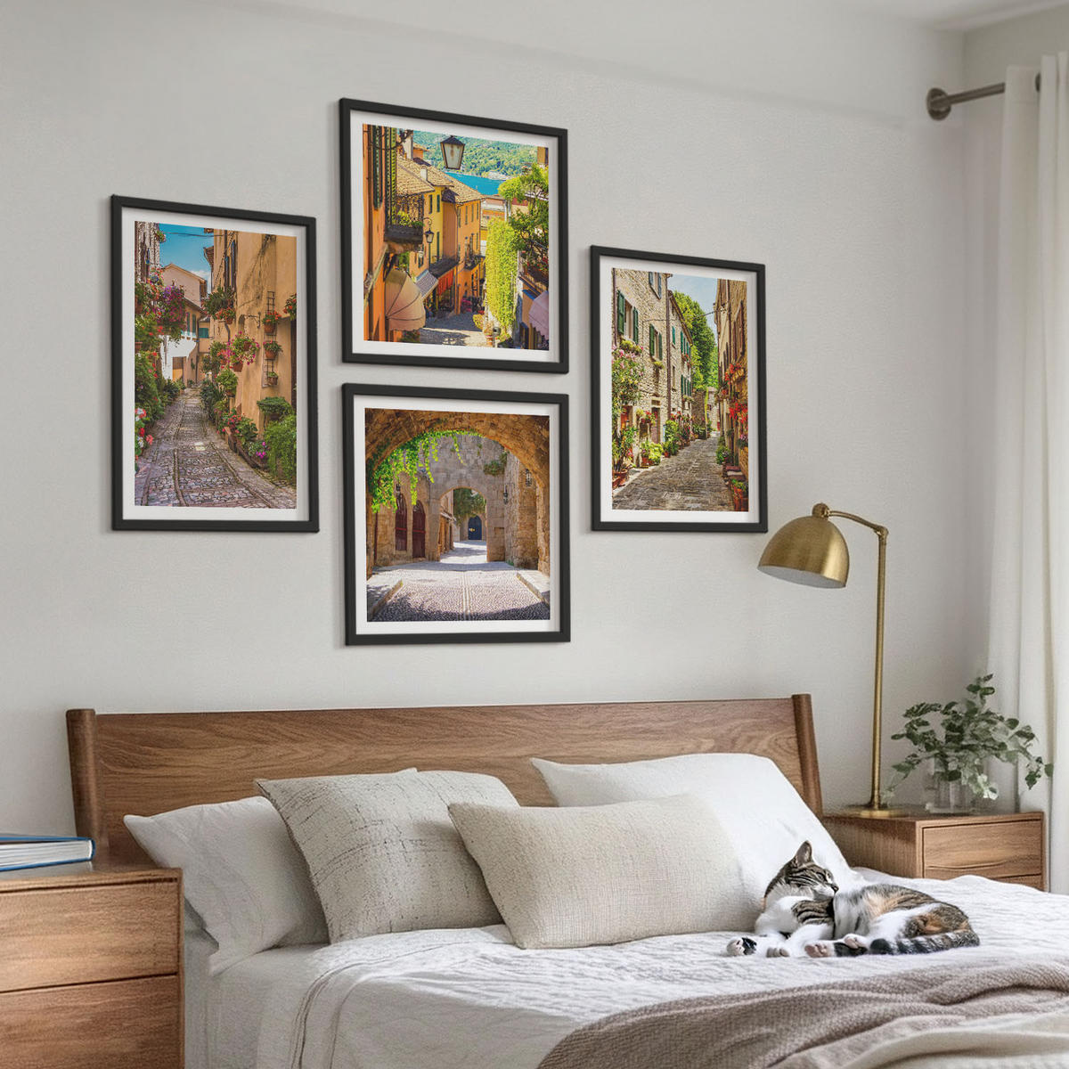 BILDER SET 4er Set - 50x50 cm & 40x60 cm Schwarzer Rahmen - Italienische Straßen, Blumen, Architektur - Schwarz, Kunststoff (50/50cm) - TULUP