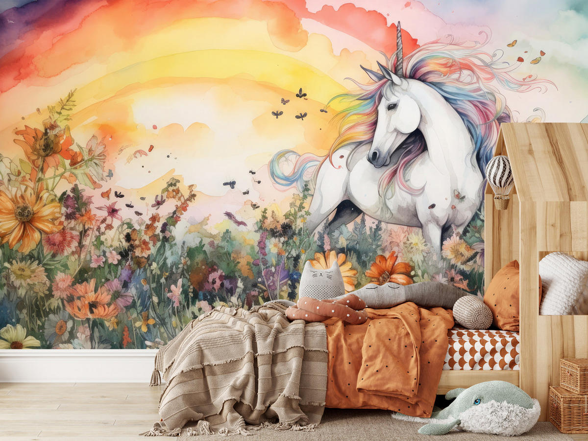 FOTOTAPETE für Kinderzimmer Einhorn Blumen Wiese Regenbogen Magisch Rosa 350x256 - Gelb/Rot, Papier (350/256cm) - Muralo