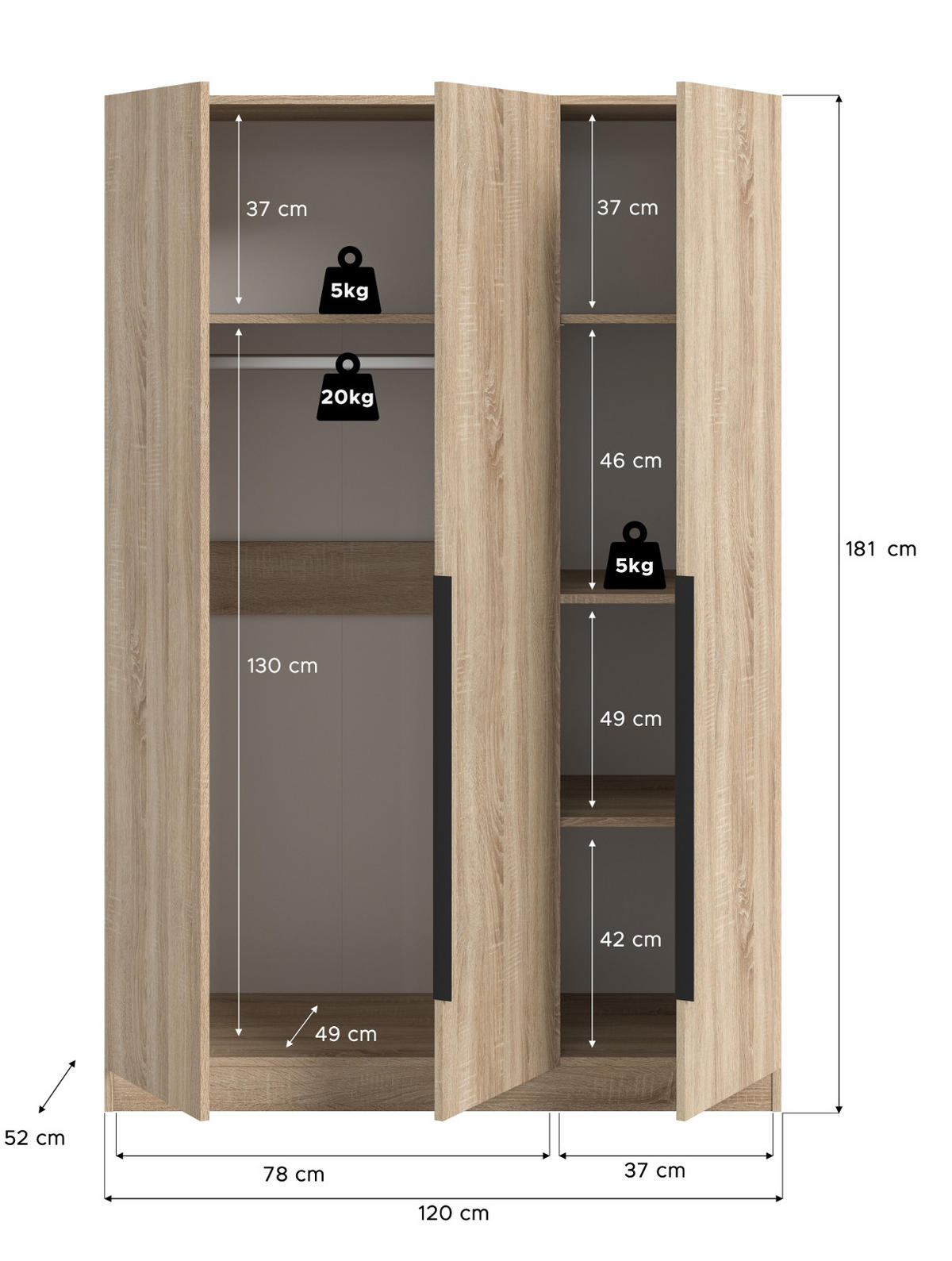 KLEIDERSCHRANK Eiche Sonoma 3-türig 120 x 181 cm, Drehtürenschrank mit zusätzlichen Einlegeböden - Eichefarben/Schwarz, Holzwerkstoff/Kunststoff (120/181/52cm) - Inn.Furn