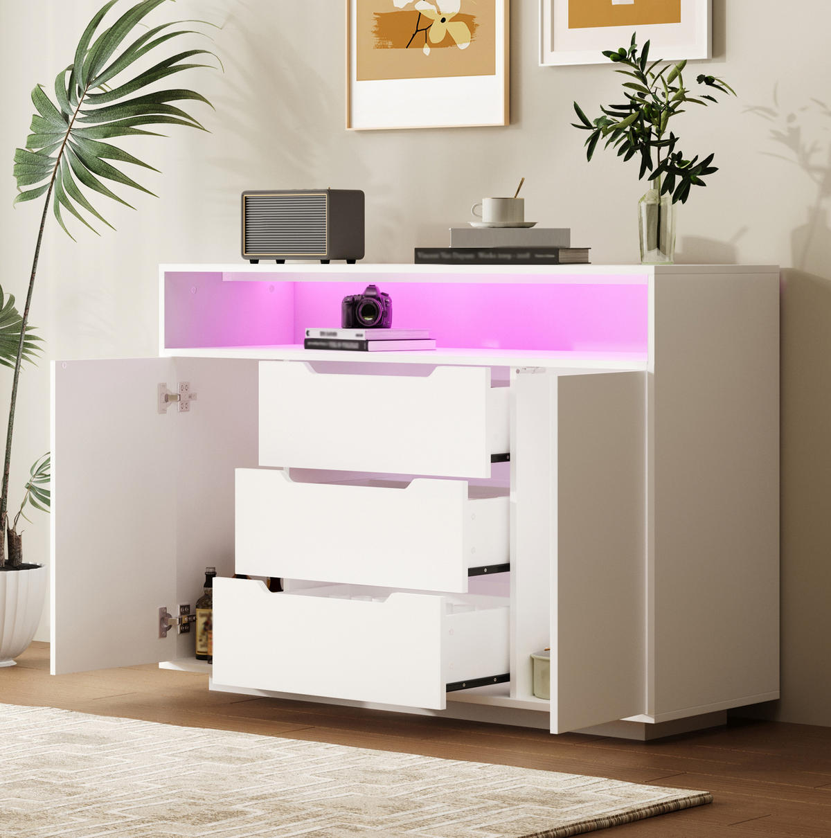 SIDEBOARD 120/40/85 cm mit offenem Regal, 3 Schubladen, Türen und LED-Beleuchtung aus Holzwerkstoff, Weiß - Weiß, Holzwerkstoff (120/85/40cm) - Redom