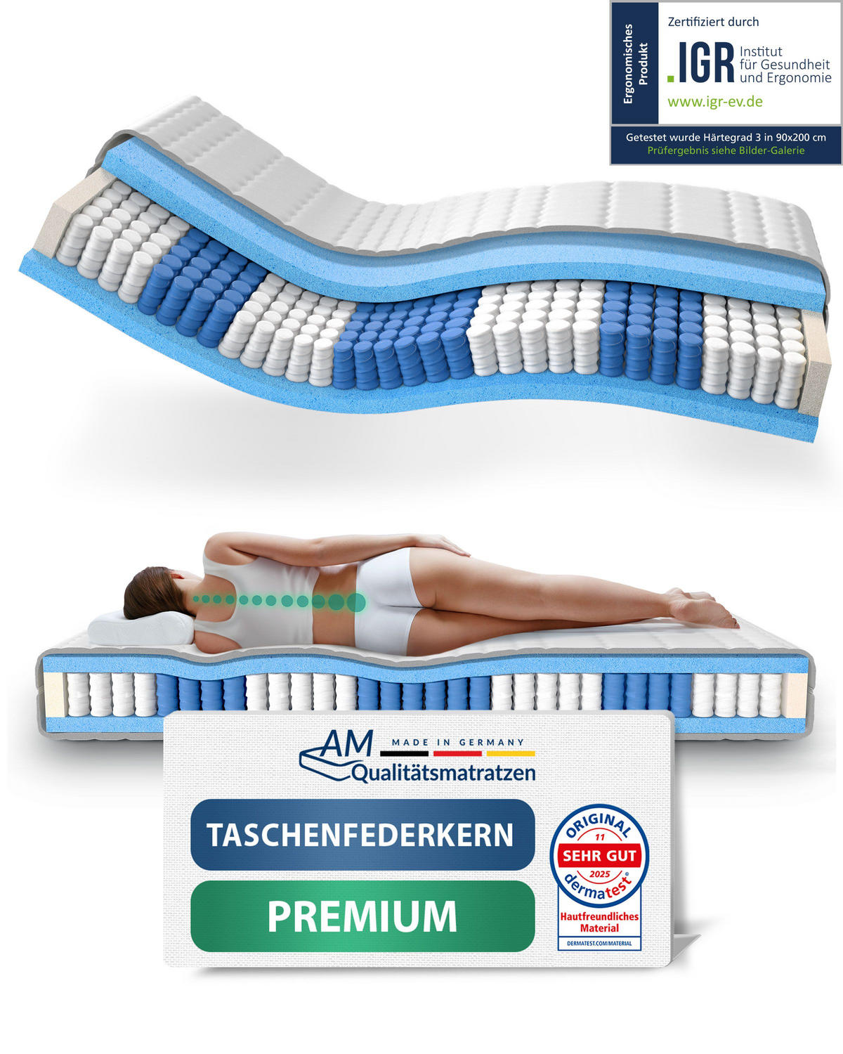 TASCHENFEDERKERNMATRATZE Premium 240/200 cm H3 - 24cm Höhe & Tencel Bezug - Weiß, Textil (240/200cm) - AM Qualitätsmatratzen