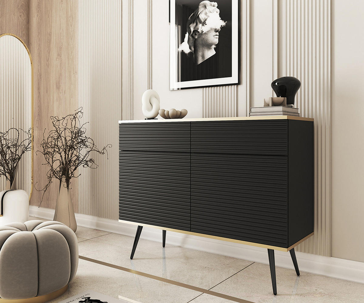 KOMMODE FORNO (Schwarz, Rillenfront, Goldene Details, 2 Türen, 2 Schubladen, schwarze Metallfüße, 107 cm) - Schwarz, Holz/Holzwerkstoff (107/85/39cm) - Ravio