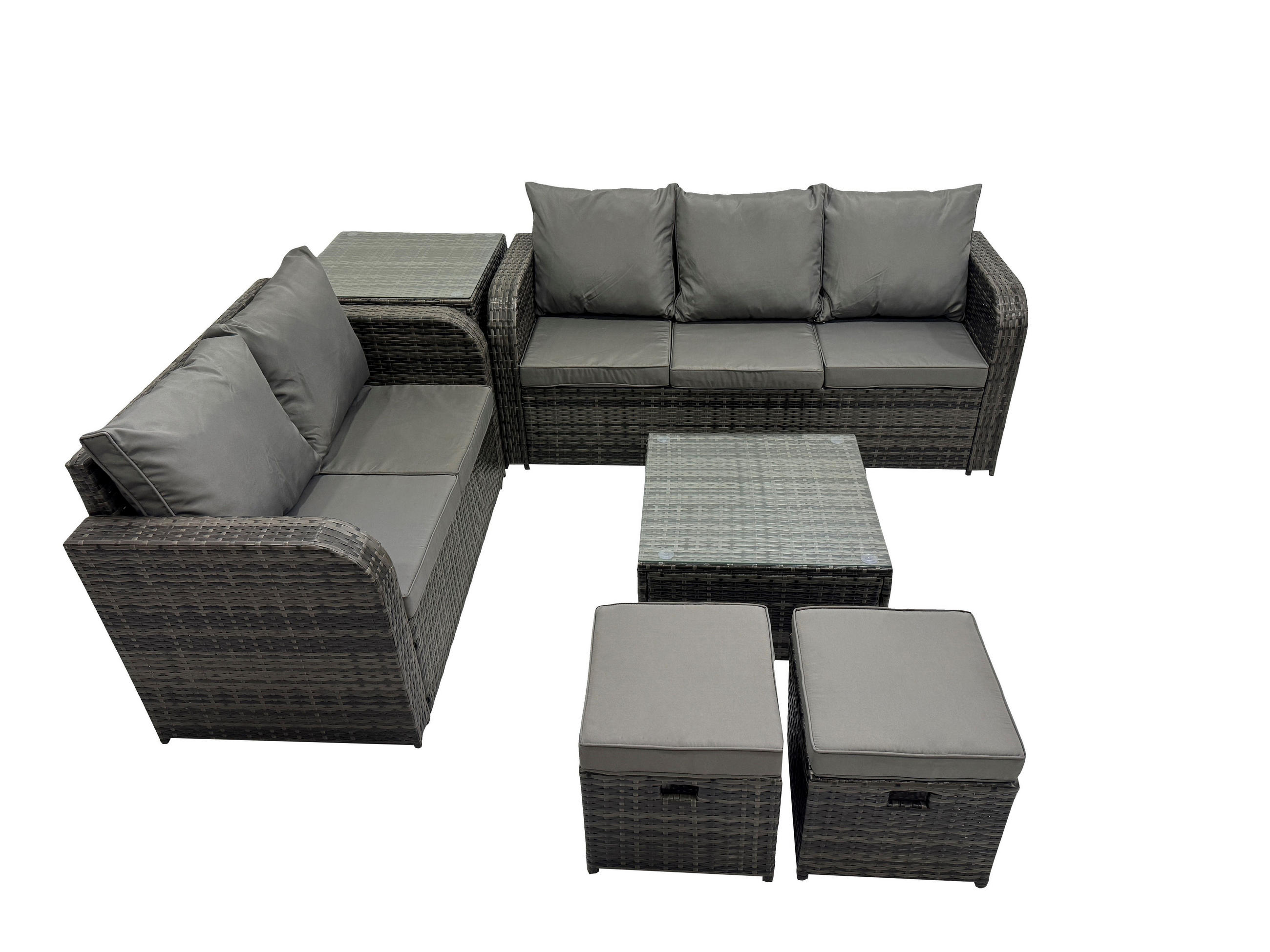 GARTENSOFA SET mit Couchtisch Polyrattan Dunkelgrau 6-teilige - Dunkelgrau/Grau, Glas/Kunststoff - Fimous