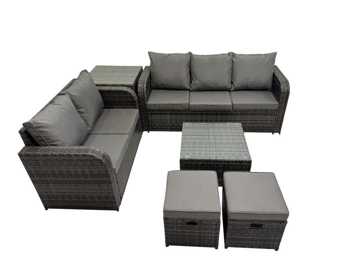 GARTENSOFA SET mit Couchtisch Polyrattan Dunkelgrau 6-teilige - Dunkelgrau/Grau, Glas/Kunststoff - Fimous