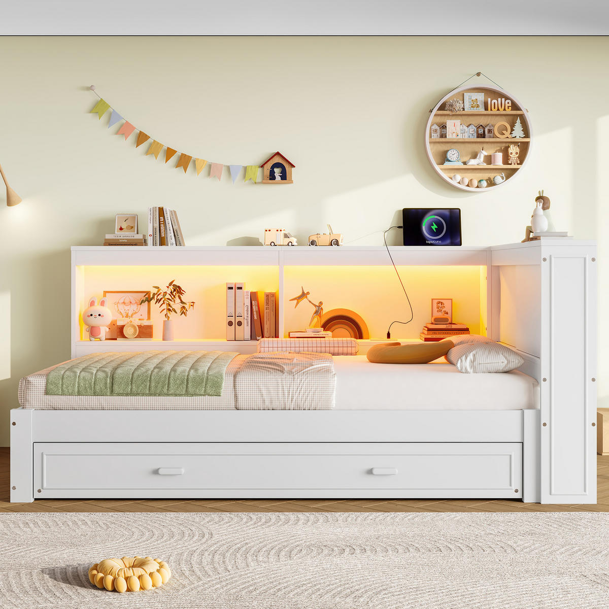 AUSZIEHBETT 90/200 cm DE-04990, mit LED, Steckdose, USB+Typ-C in Weiß - Weiß, Holz/Holzwerkstoff (90/200cm) - ComfortXL
