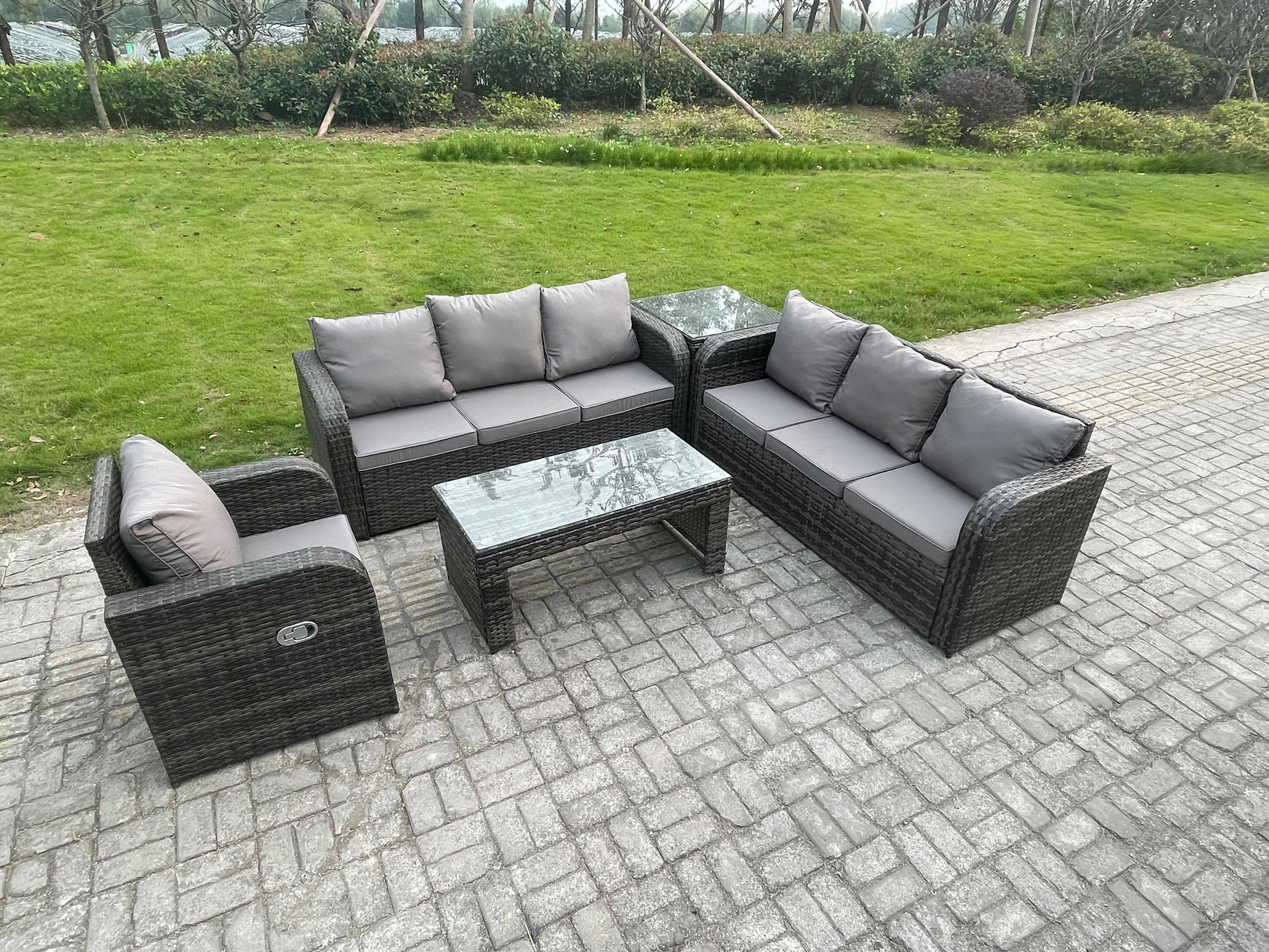 GARTENSOFA SET mit rechteckigem COUCHTISCH Polyrattan 7-Sitzer Dunkelgrau - Dunkelgrau/Grau, Glas/Kunststoff - Fimous