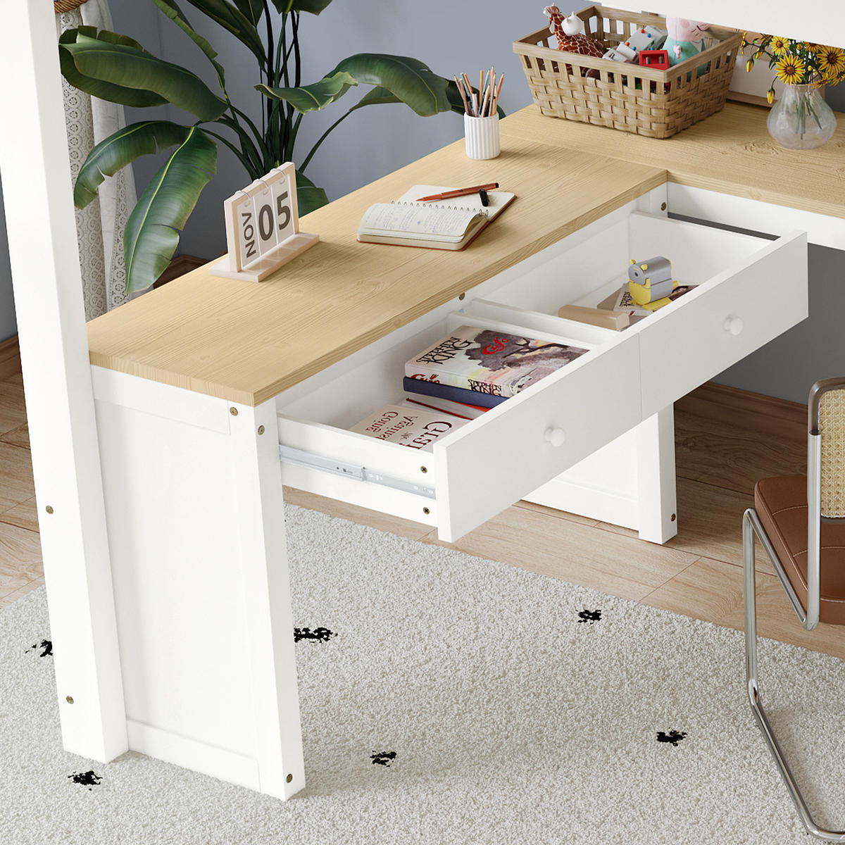 HOCHBETT 140/200 cm in Weiß & Natur mit Tisch, 2 Schubladen und Regal - Weiß/Naturfarben, Holz/Holzwerkstoff (140/200cm) - CHICFURN