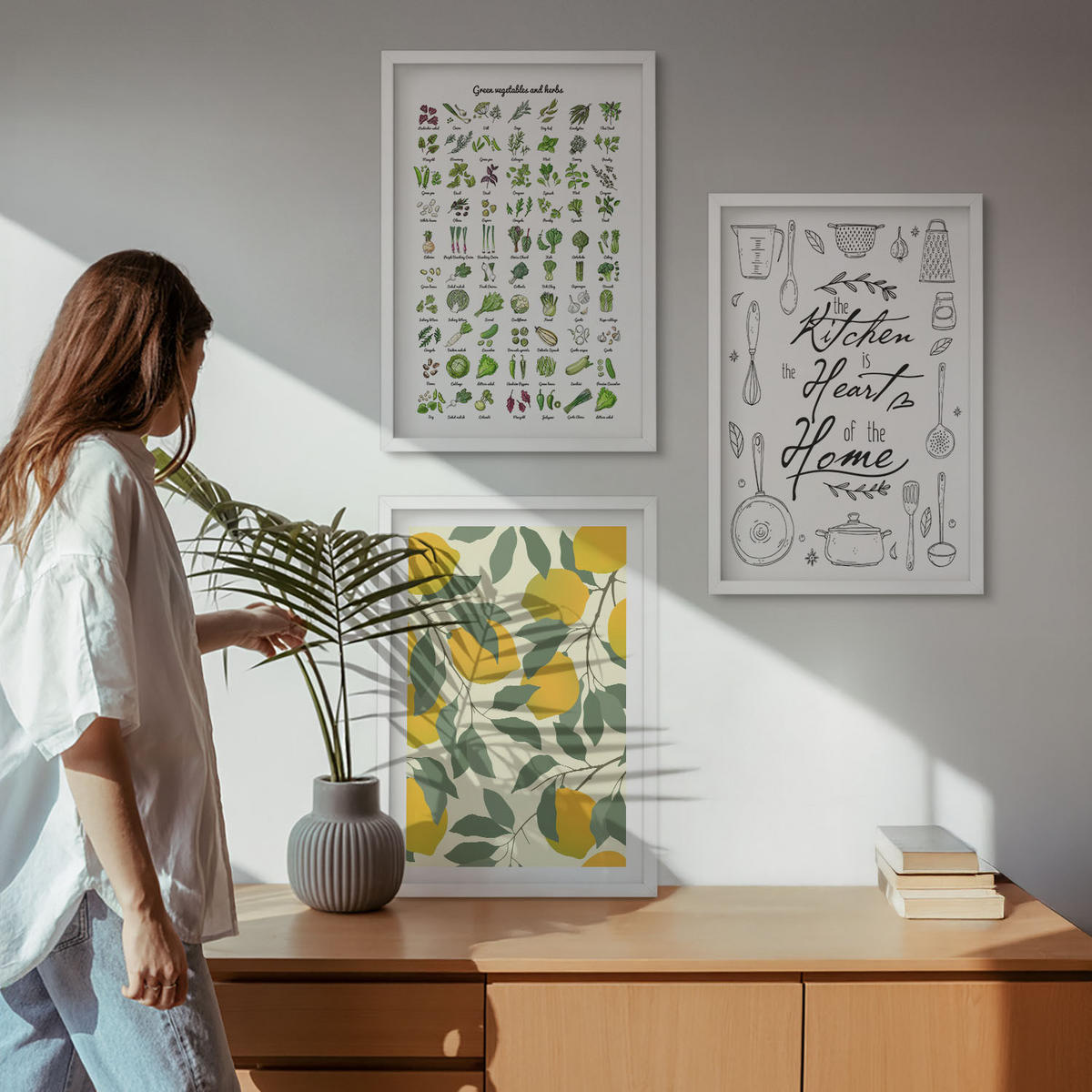 WANDBILDER 3er-Set - 40x60 cm Weißer Rahmen - Bemalte Zitronen-Küchenkräuter - Weiß, Kunststoff (40/60cm) - ArtPrintCave