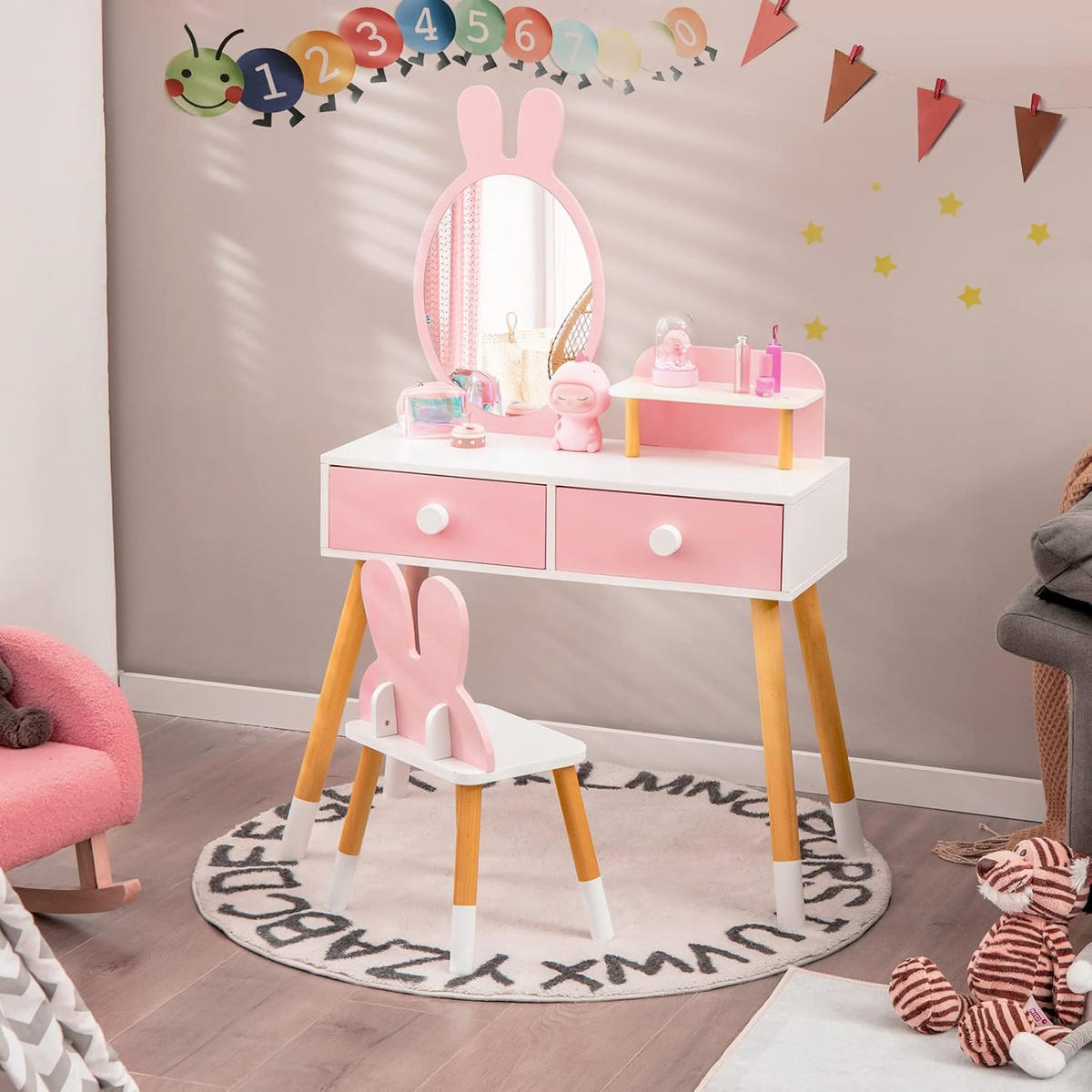 KINDER SCHMINKTISCH Set Pink - Pink, Holz (37/110/78cm) - COSTWAY