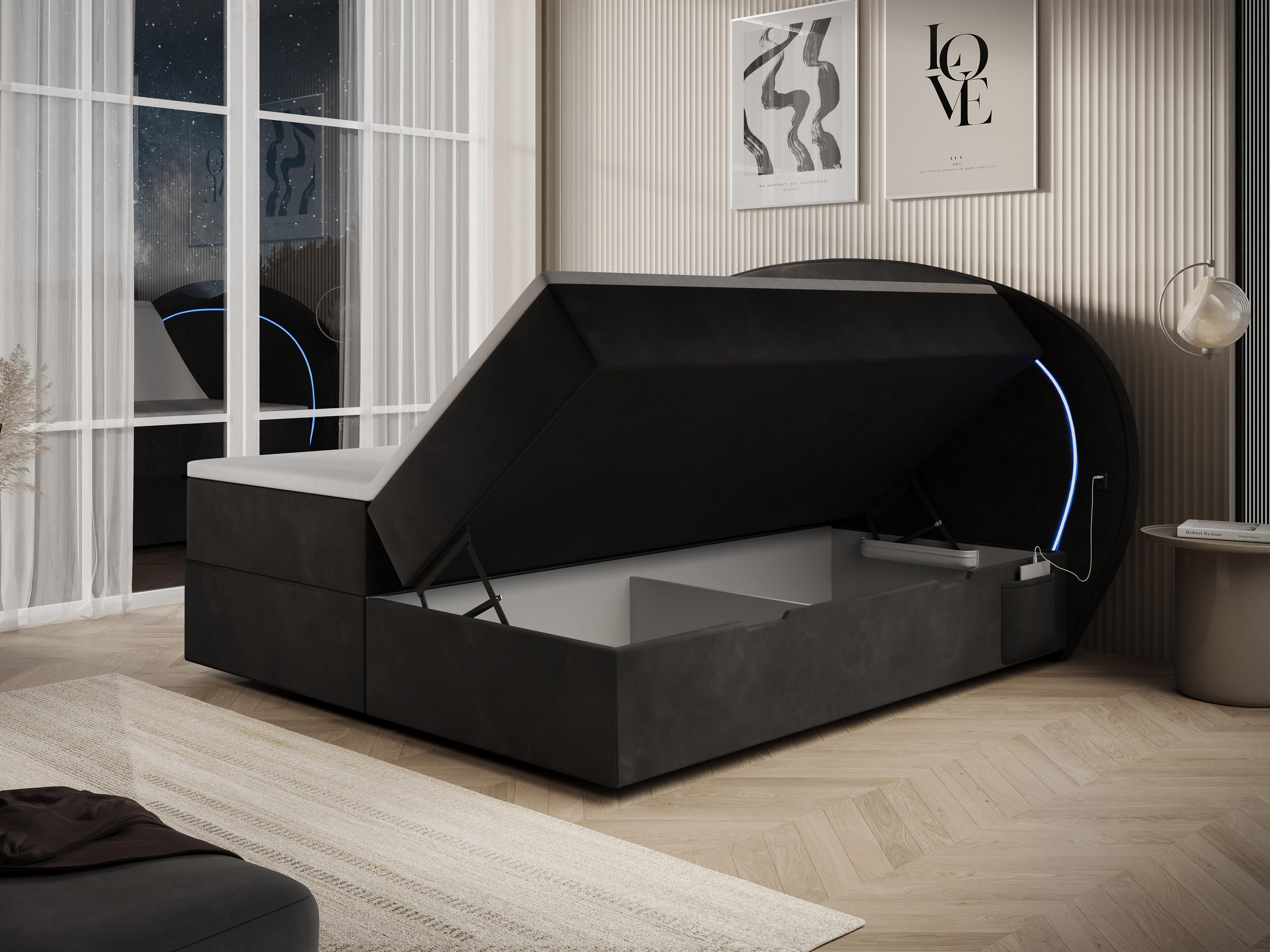 BOXBETT Orion 1 schwarz 180/200 cm mit LED H3 - Schwarz, Textil (180/200cm) - wonello