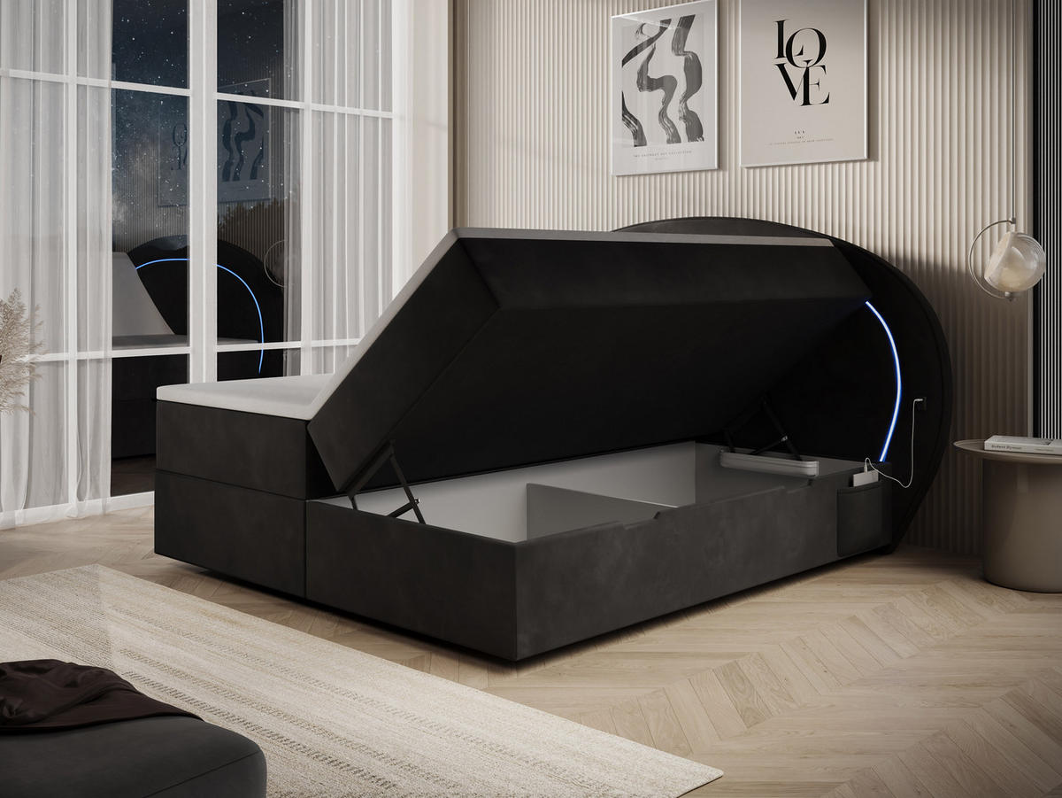 BOXBETT Orion 1 schwarz 160/200 cm mit LED H3 - Schwarz, Textil (160/200cm) - wonello