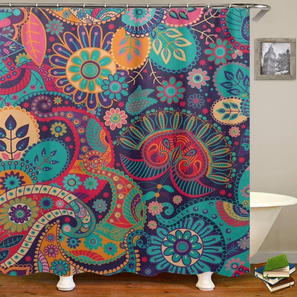 DUSCHVORHANG floral 150 x 180 cm Dekor Badezimmer Set mit Haken - Multicolor, Textil (180/150cm) - MCBOSON