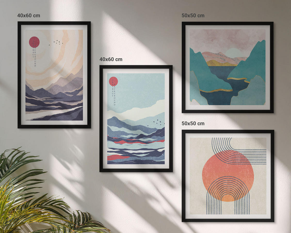 BILDER SET 4er Set - 50x50 cm & 40x60 cm Schwarzer Rahmen - Japanische Berglandschaften - Schwarz, Kunststoff (50/50cm) - TULUP