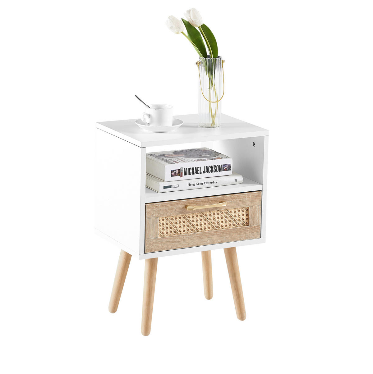 BEISTELLTISCH aus MDF mit Rattanfront & Schublade, 40/30/55 cm, Weiß/Natur - Weiß, Holzwerkstoff (40/55/30cm) - Redom