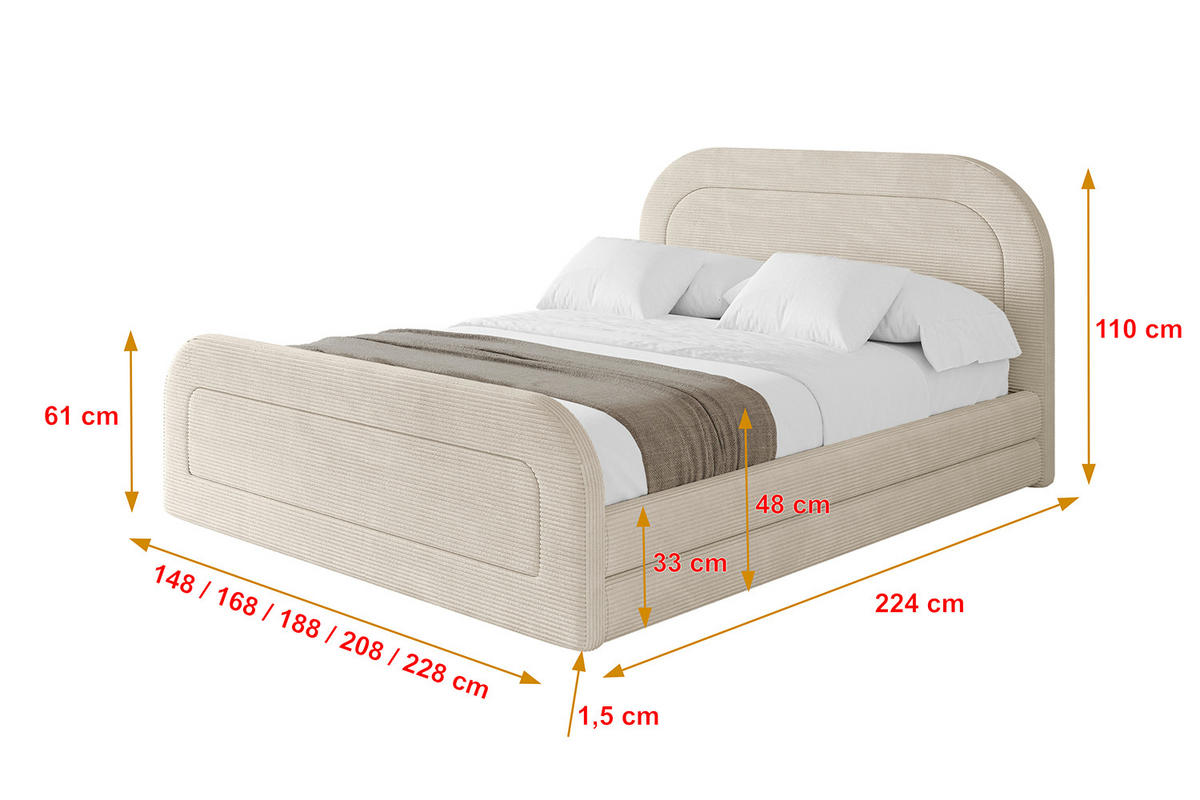 POLSTERBETT mit Bettkasten, Fußteil und Lattenrost, Boxbett mit Matratze H3/H4 - LERIS-Z 120x200 Beige - Creme, Holzwerkstoff/Textil (120/200cm) - ALTDECOR