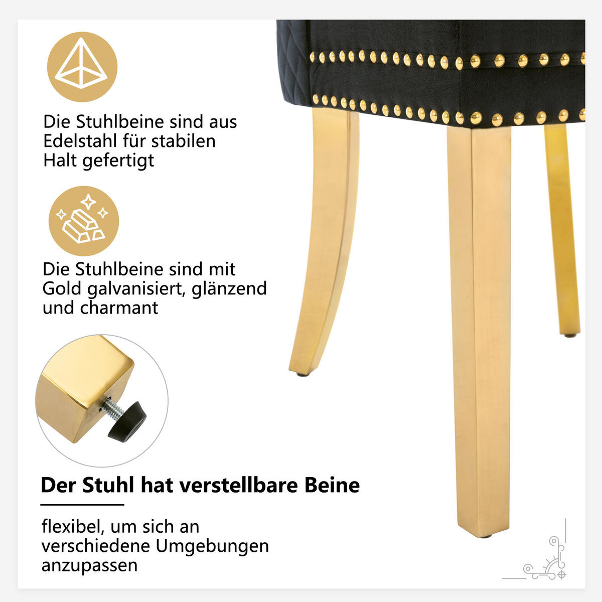 ESSZIMMERSTUHL 2-Tlg Samt Schwarz Gold, Nagelkopf, Gold Beine - Schwarz, Textil (50.5/95/45cm) - FLIEKS